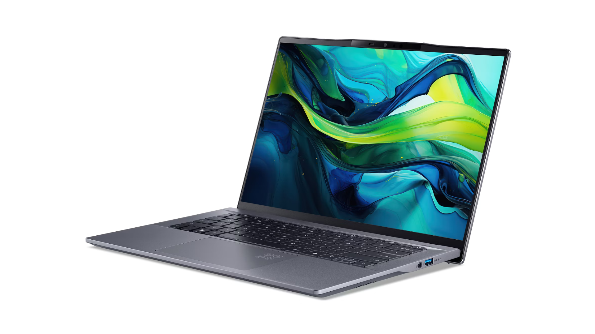 Gümüş dizüstü bilgisayar, açık, beyaz bir yüzeyde. Klavye görünür. Beyaz arka plan.