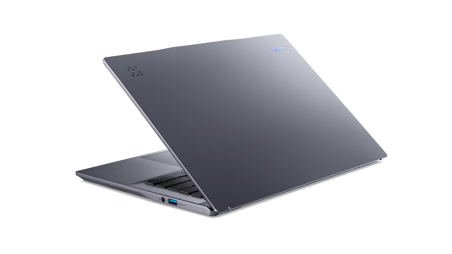 Gri dizüstü bilgisayar hafif açık, klavye görünüyor. Acer logosu görünür. Beyaz zemin.