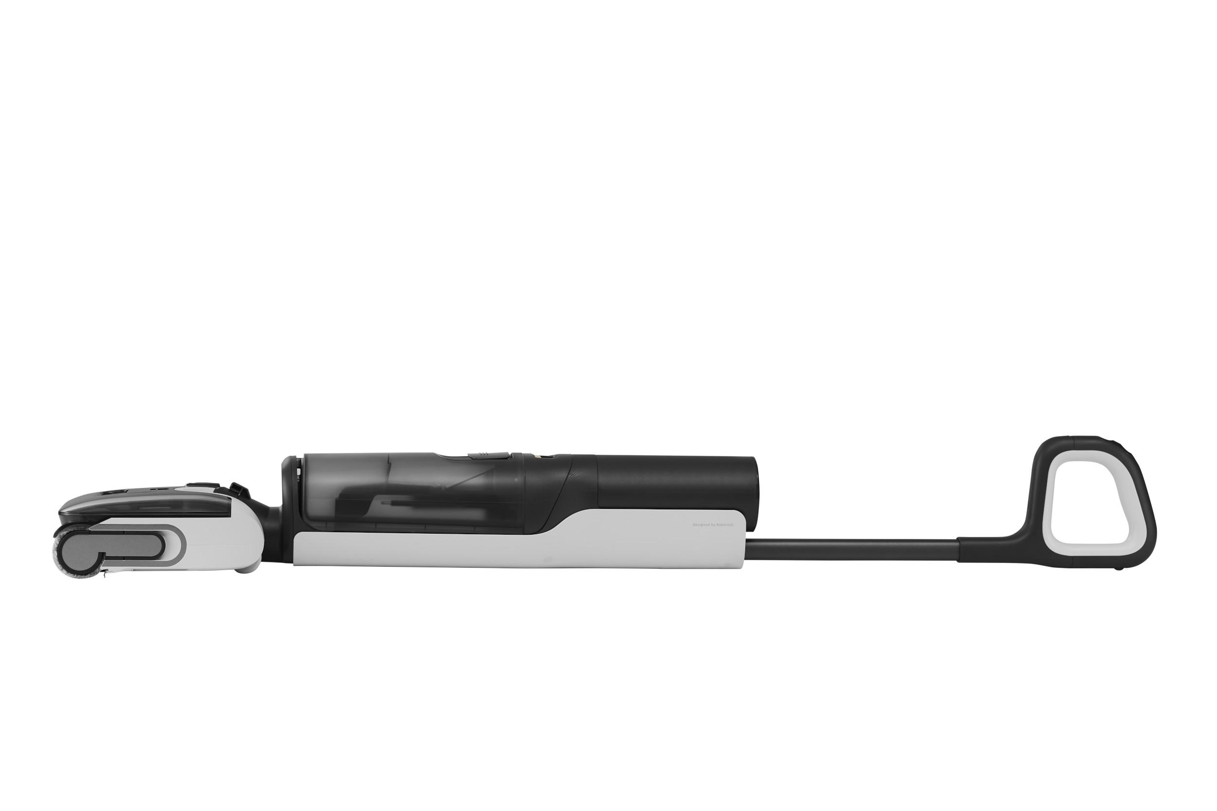 Schwarz-weißer kabelloser Staubsauger mit langem Griff, horizontal auf Weiß.