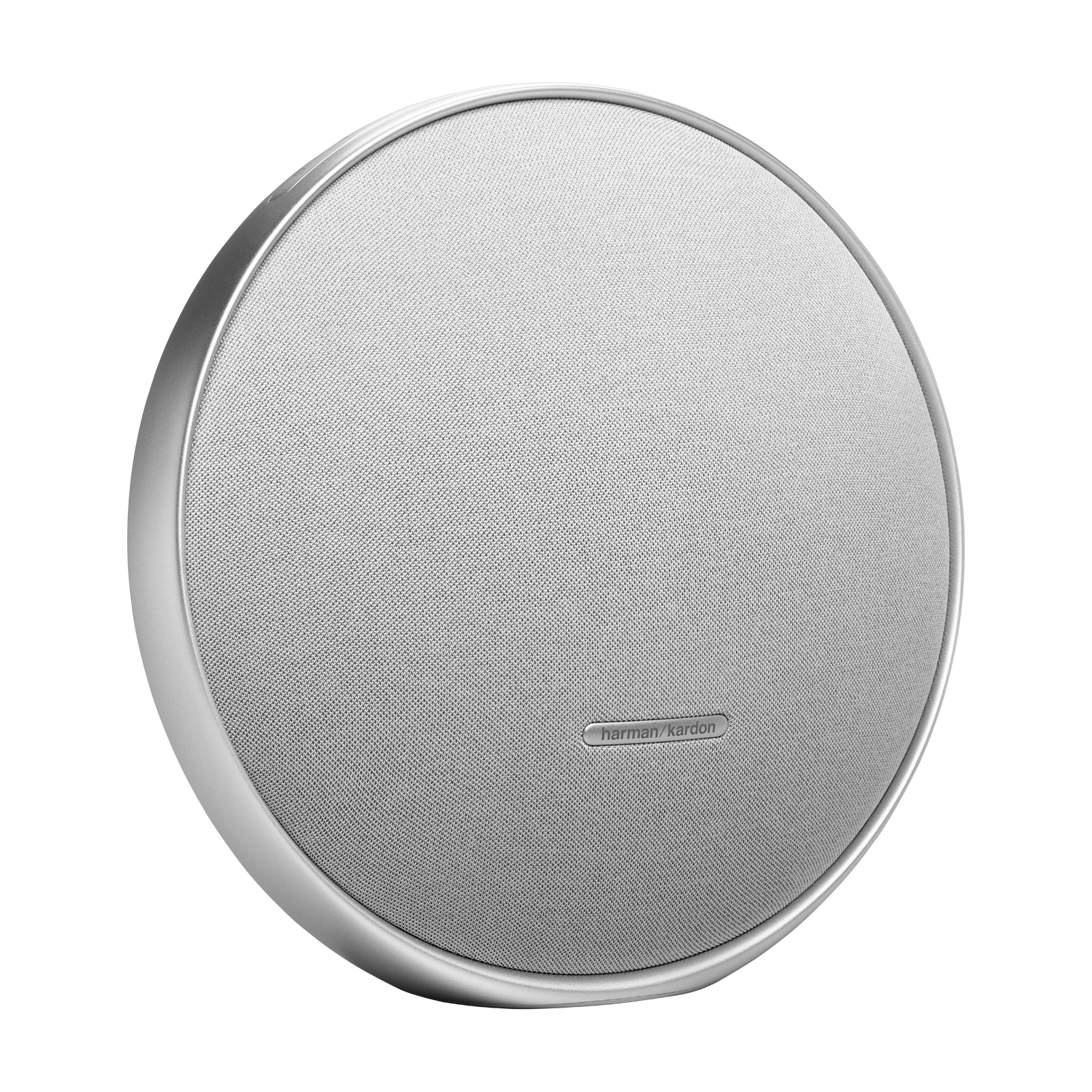Yuvarlak, gümüş renkli hoparlör, file ön yüzeyli. Harman Kardon logosu ortada.