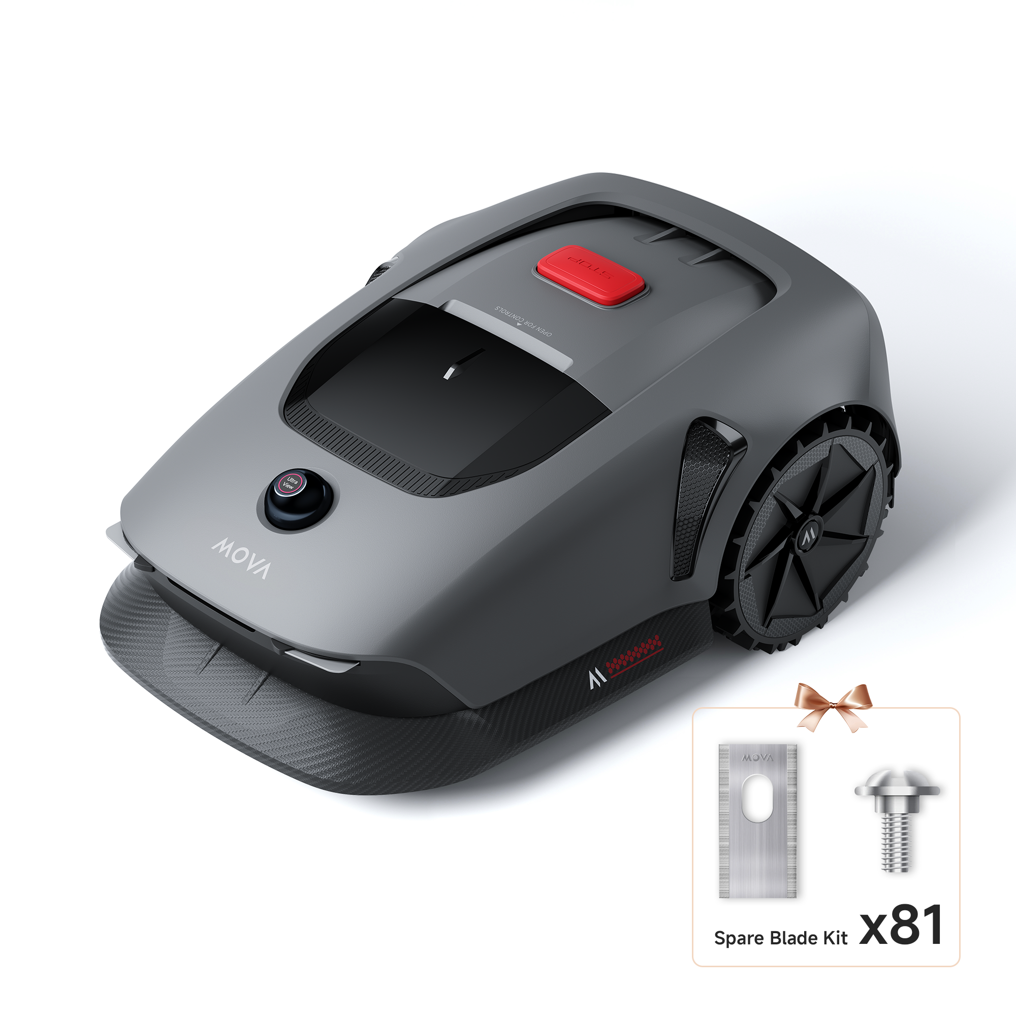 Grauer Rasenmäher-Roboter mit rotem Knopf und Ersatzteilen, auf weißem Untergrund.