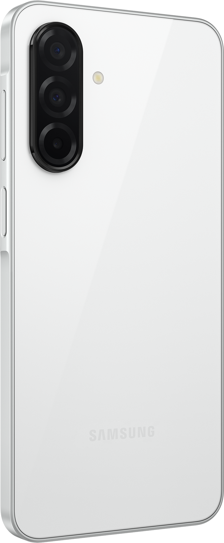 Fehér okostelefon hátlap, hármas kamerával és Samsung logóval.