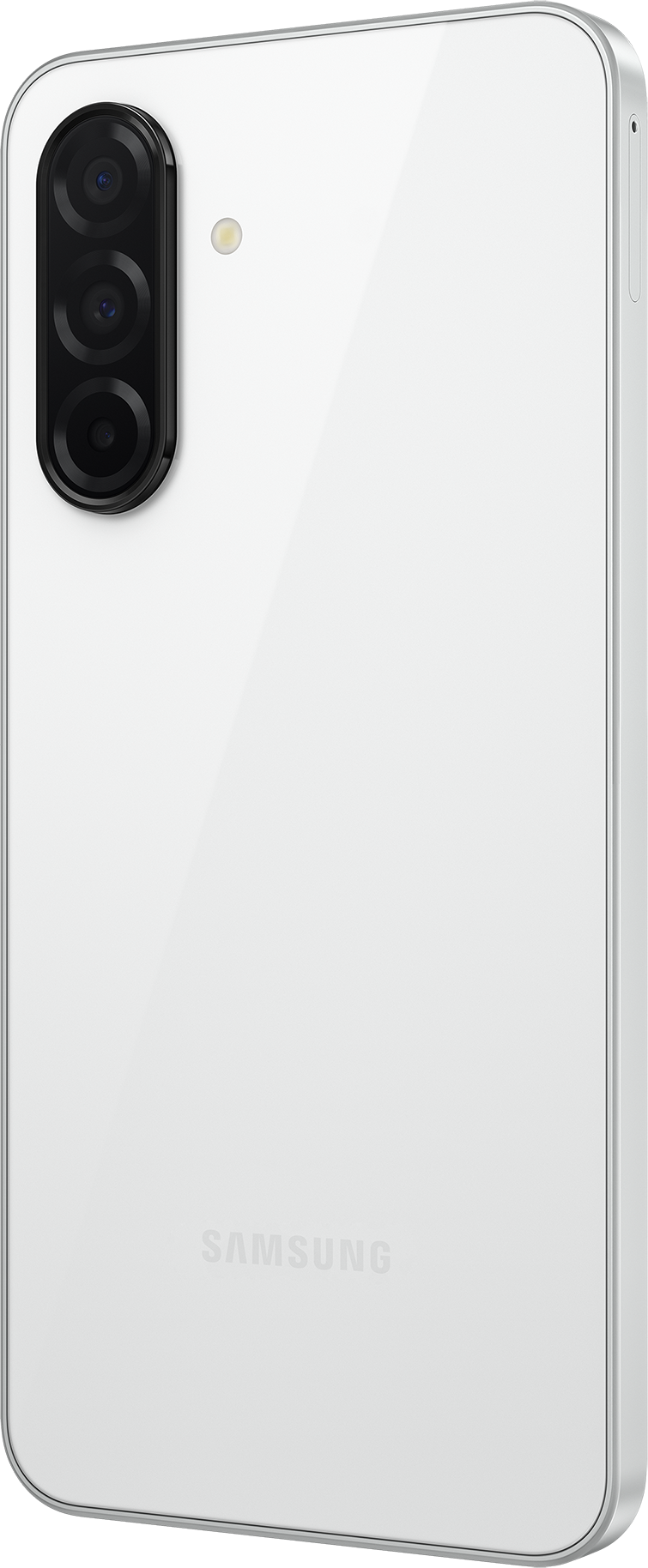 Fehér okostelefon három kamerával. A telefon hátulja látható.