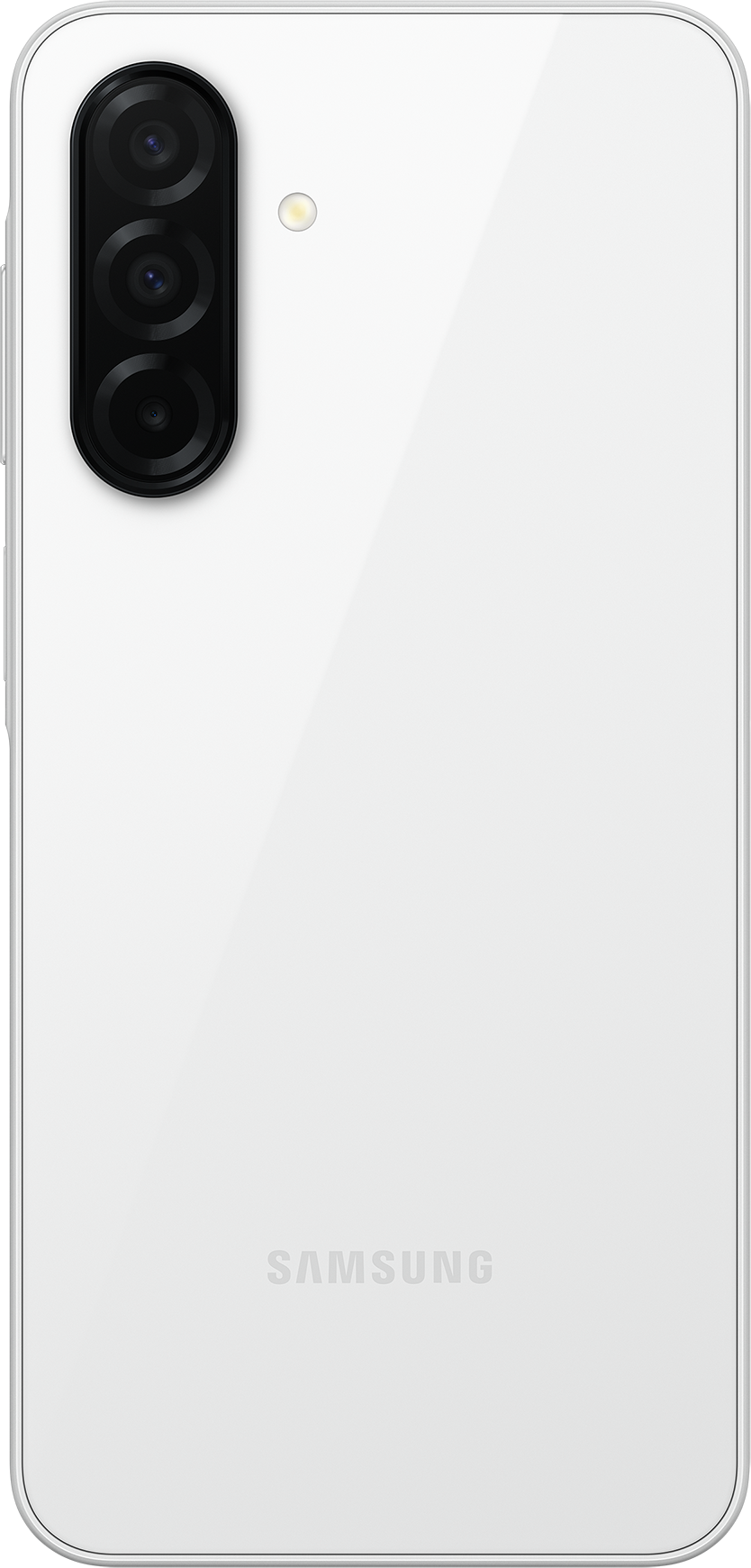 Fehér okostelefon hátlap három kamerával és SAMSUNG felirattal, fehér háttéren.