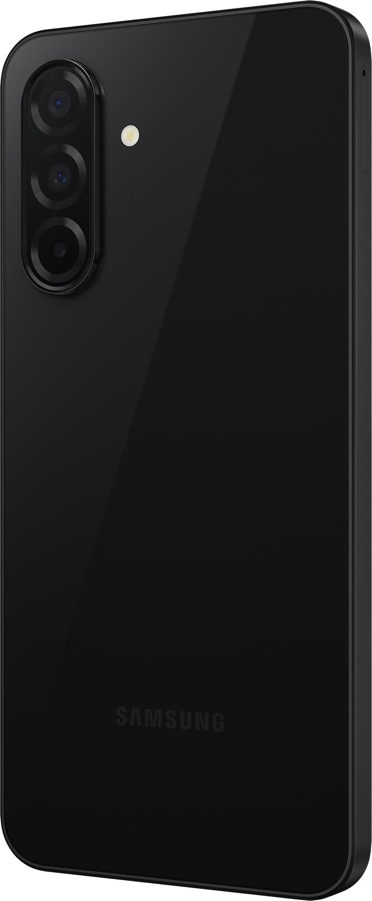 Fekete telefon, hátulnézet. Három kamerahoz, egy vaku és a Samsung logó látható.