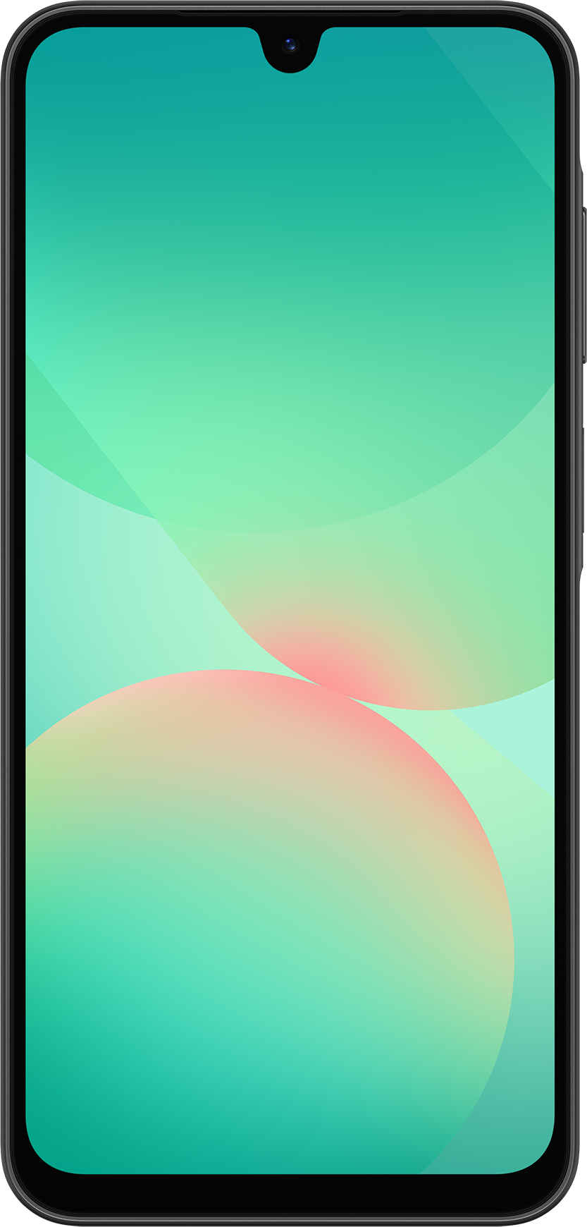 Egy fekete telefon, melynek képernyőjén egy színátmenet látható, türkiz, zöld és rózsaszín körökkel.