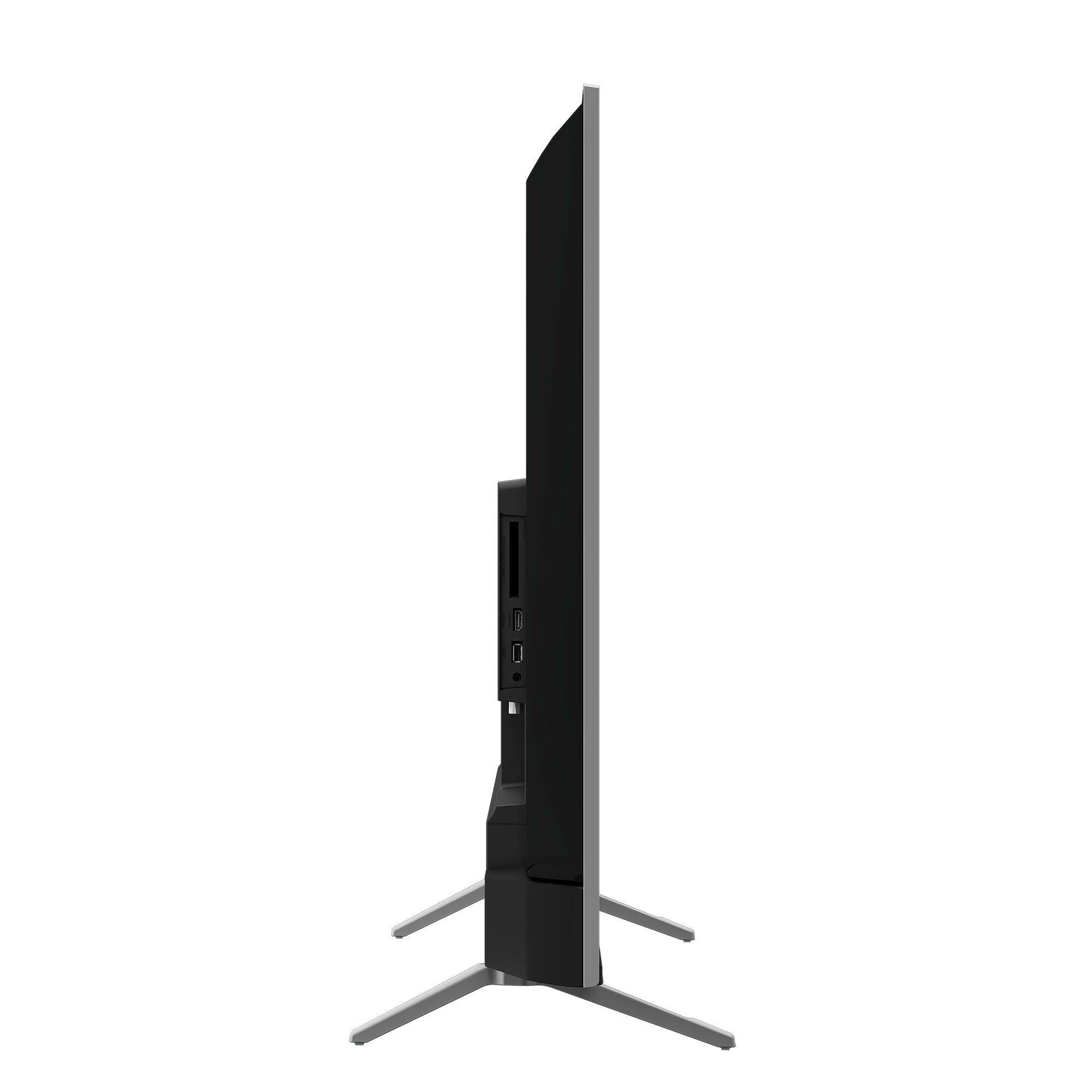 Gümüş standlı siyah bir TV'nin yan görünümü. Yan tarafta bağlantı noktaları görünür.