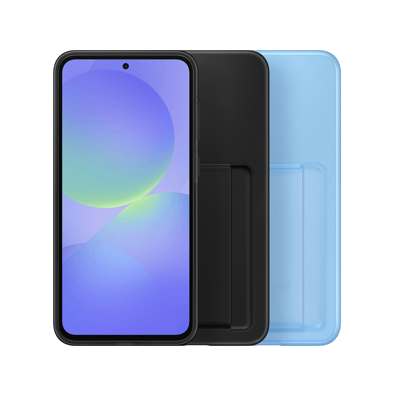 Teléfono con pantalla mostrando colores. Tiene funda negra y cubierta azul.