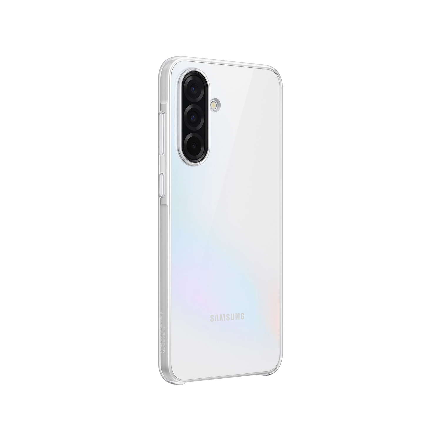 Un smartphone blanco con tres cámaras traseras. Fondo negro. Vista trasera.