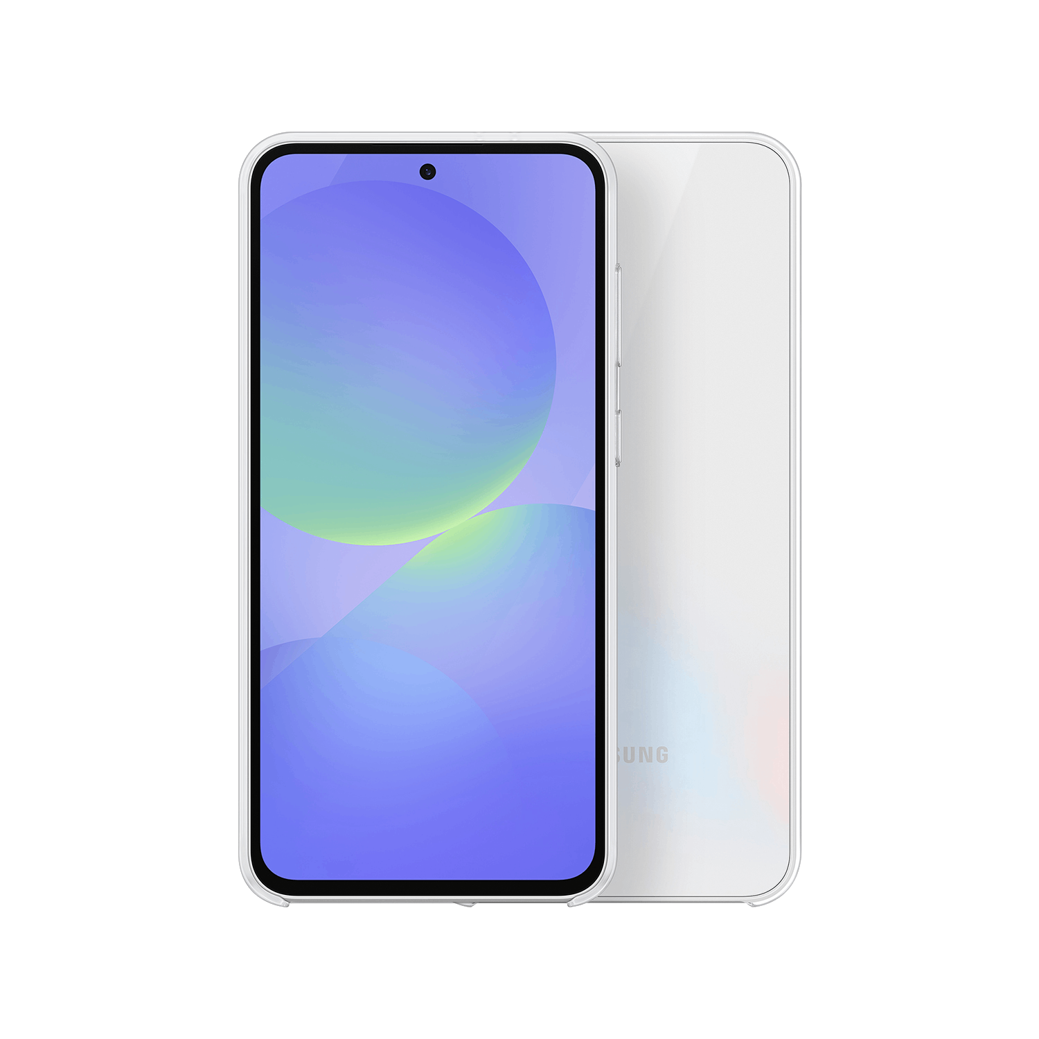 Smartphone blanco con pantalla grande y cámara dual. La parte trasera es blanca.