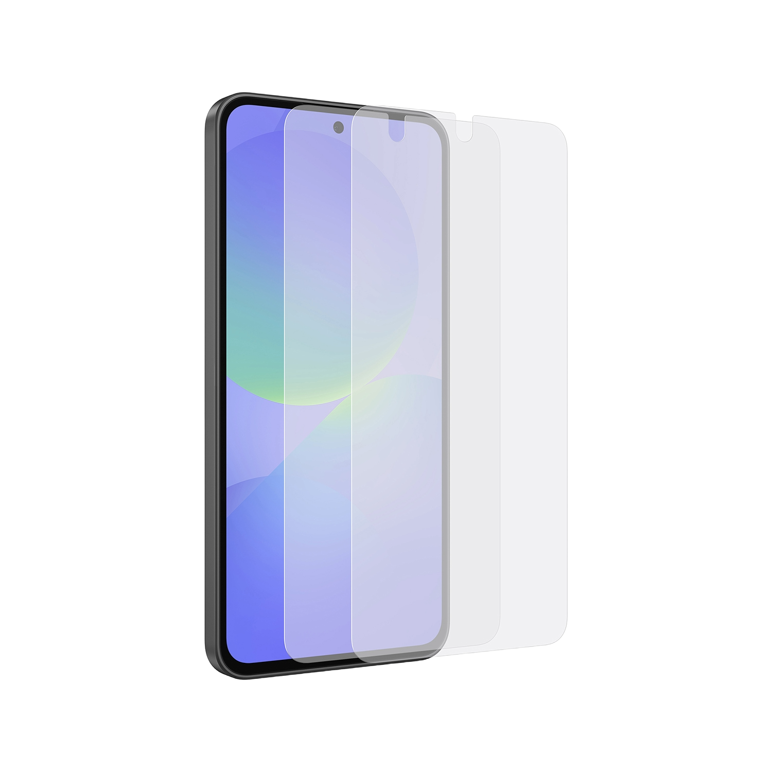 Smartphone con protectores de pantalla al lado sobre fondo negro.