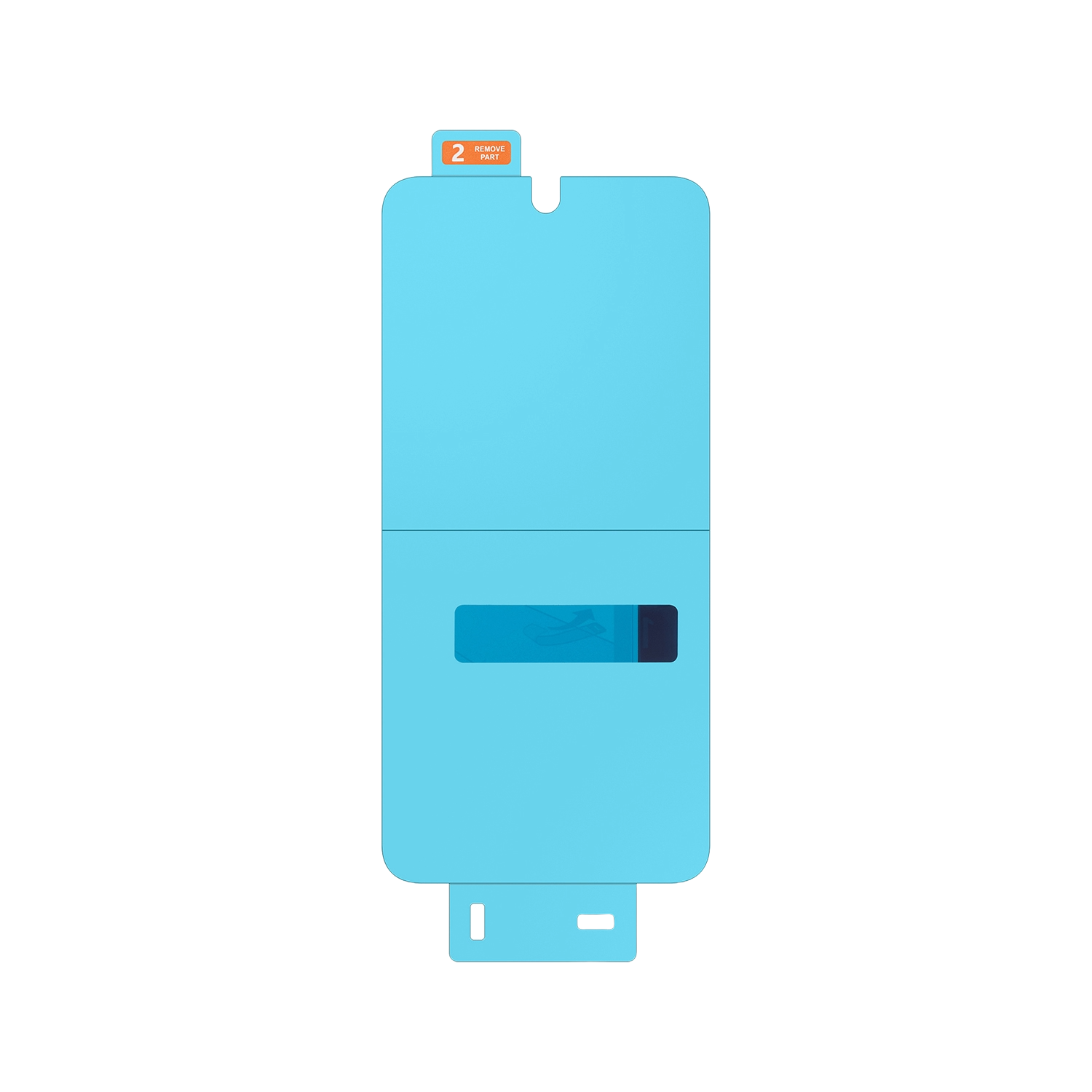 Un protector de pantalla azul claro con una sección despegada, que revela una forma similar a un teléfono.