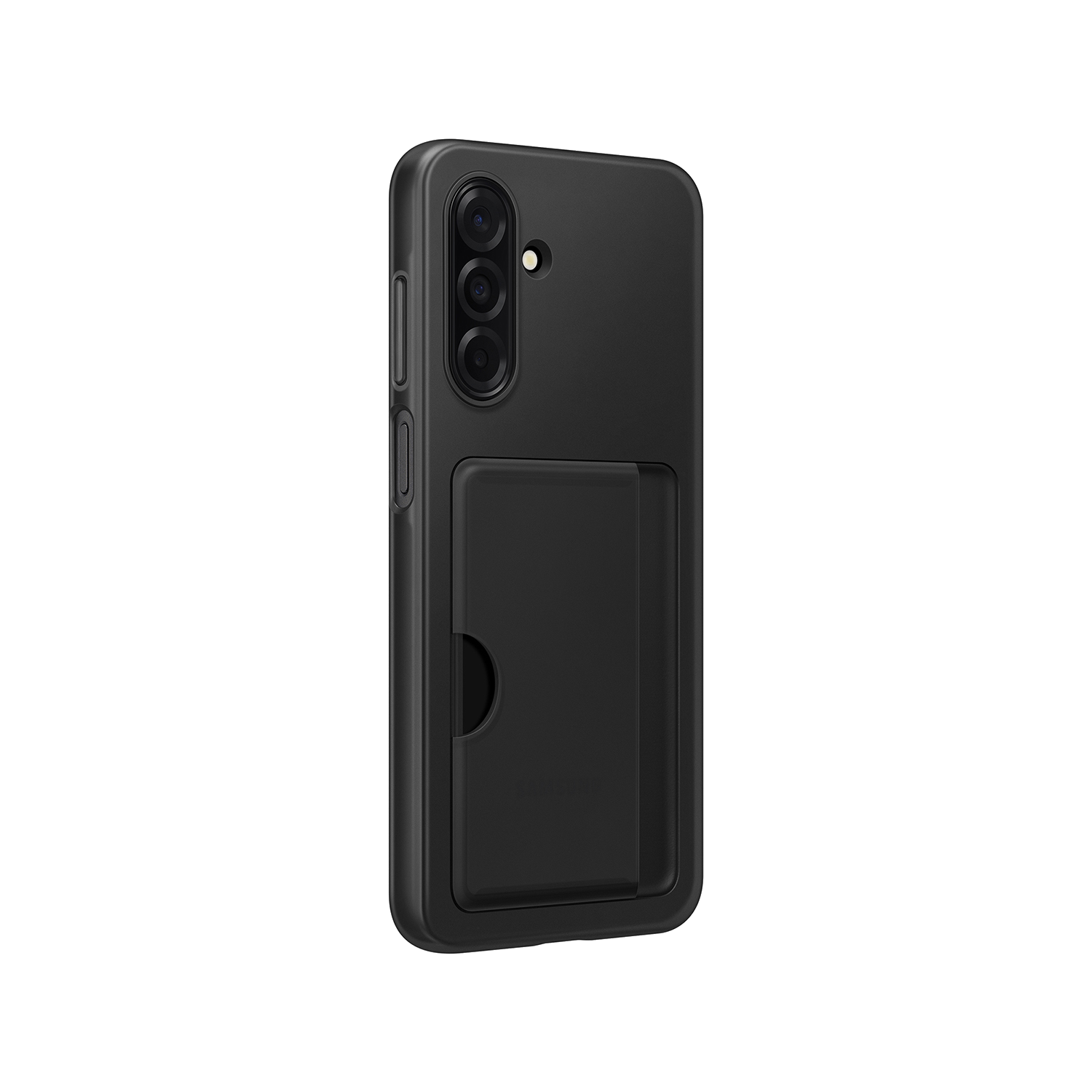 Una funda negra para teléfono con un tarjetero en la parte trasera.