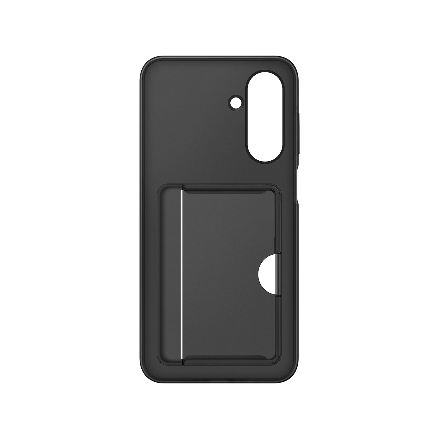 Funda negra para teléfono con tarjetero. Un círculo y una línea blancos son visibles en la funda.