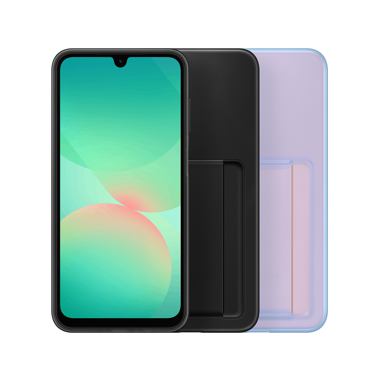 Un teléfono inteligente negro con una pantalla que muestra un degradado verde y rosa, en un soporte negro.
