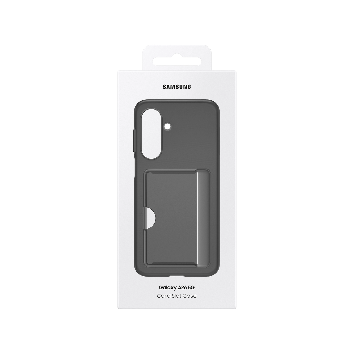 Una caja blanca con una funda de teléfono Samsung. La funda es gris oscuro con una ranura para tarjetas.