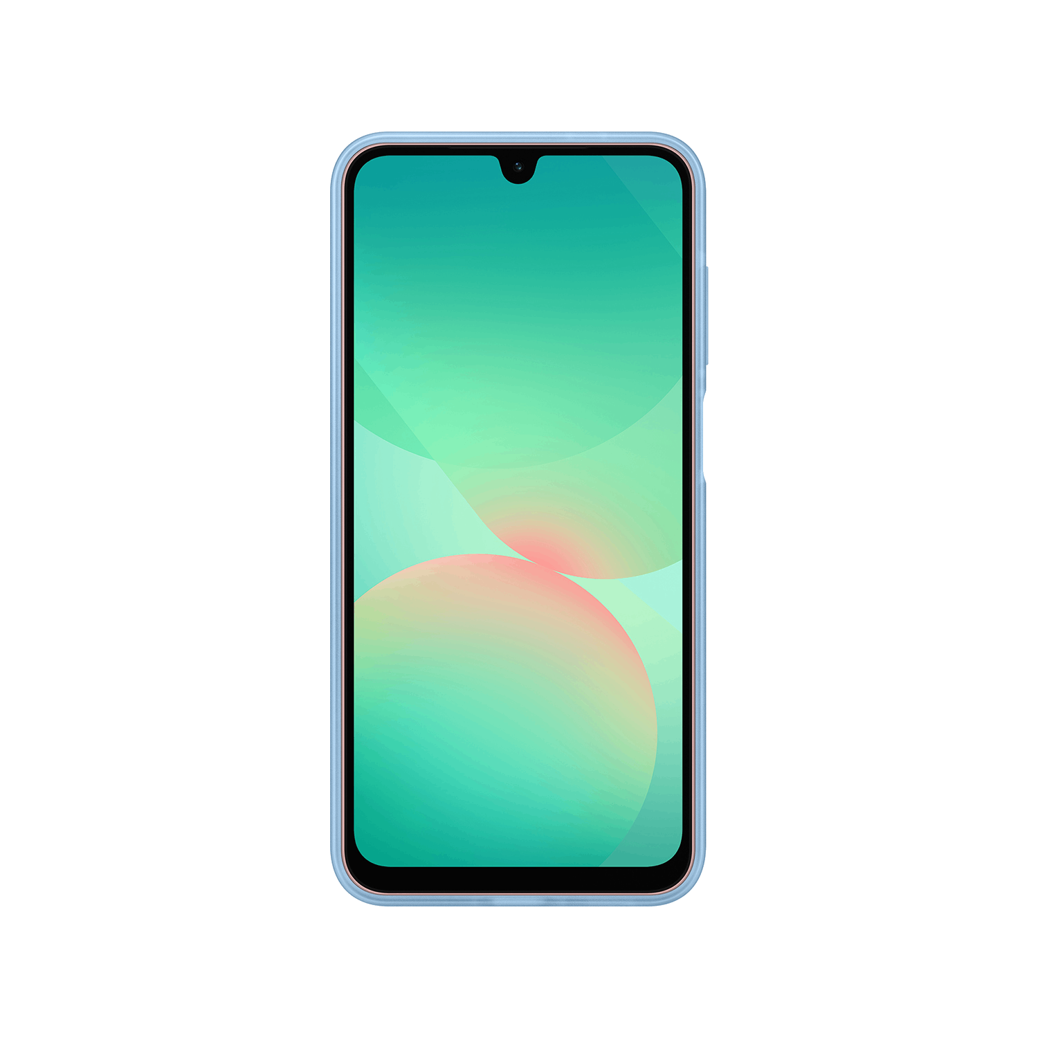 Vista frontal de smartphone con pantalla degradada verde y rosa.