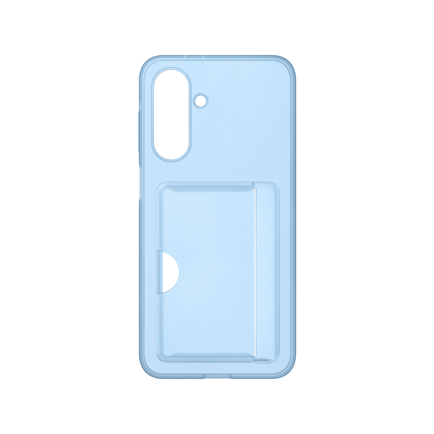 Funda de teléfono azul claro con ranura para tarjeta en la parte trasera.