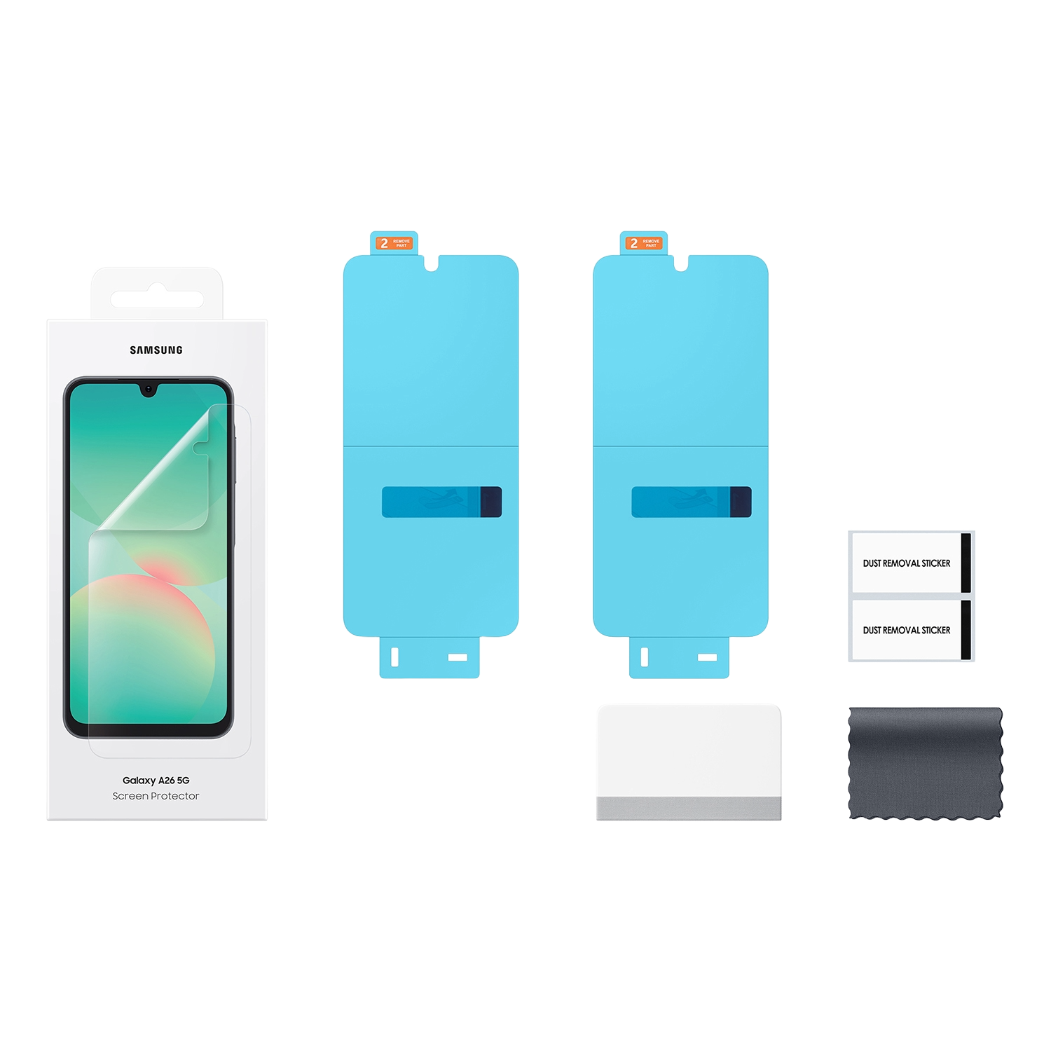 Empaque de un protector de pantalla, con el protector, herramientas de aplicación y un logo Samsung.