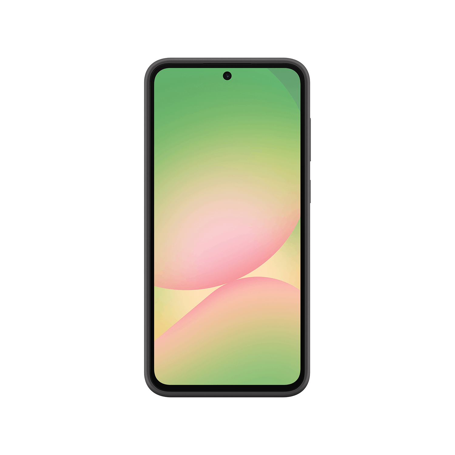 Una pantalla de teléfono que muestra formas abstractas en rosa y amarillo. El teléfono tiene marco negro.