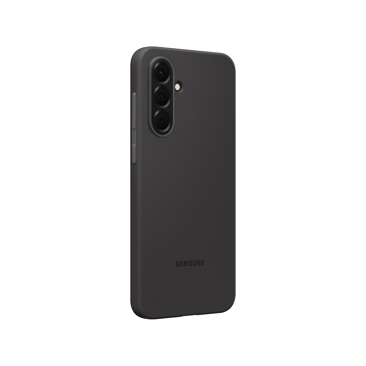 Una funda de teléfono Samsung gris oscuro. El teléfono tiene 3 lentes de cámara y la palabra SAMSUNG.