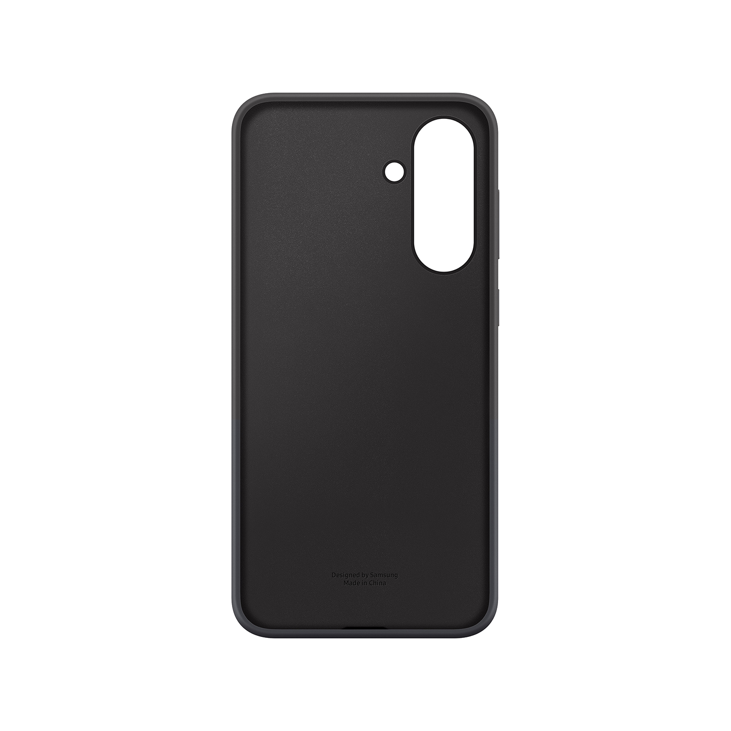 Una funda negra para teléfono con recorte de cámara y el texto "Diseñado por Samsung".