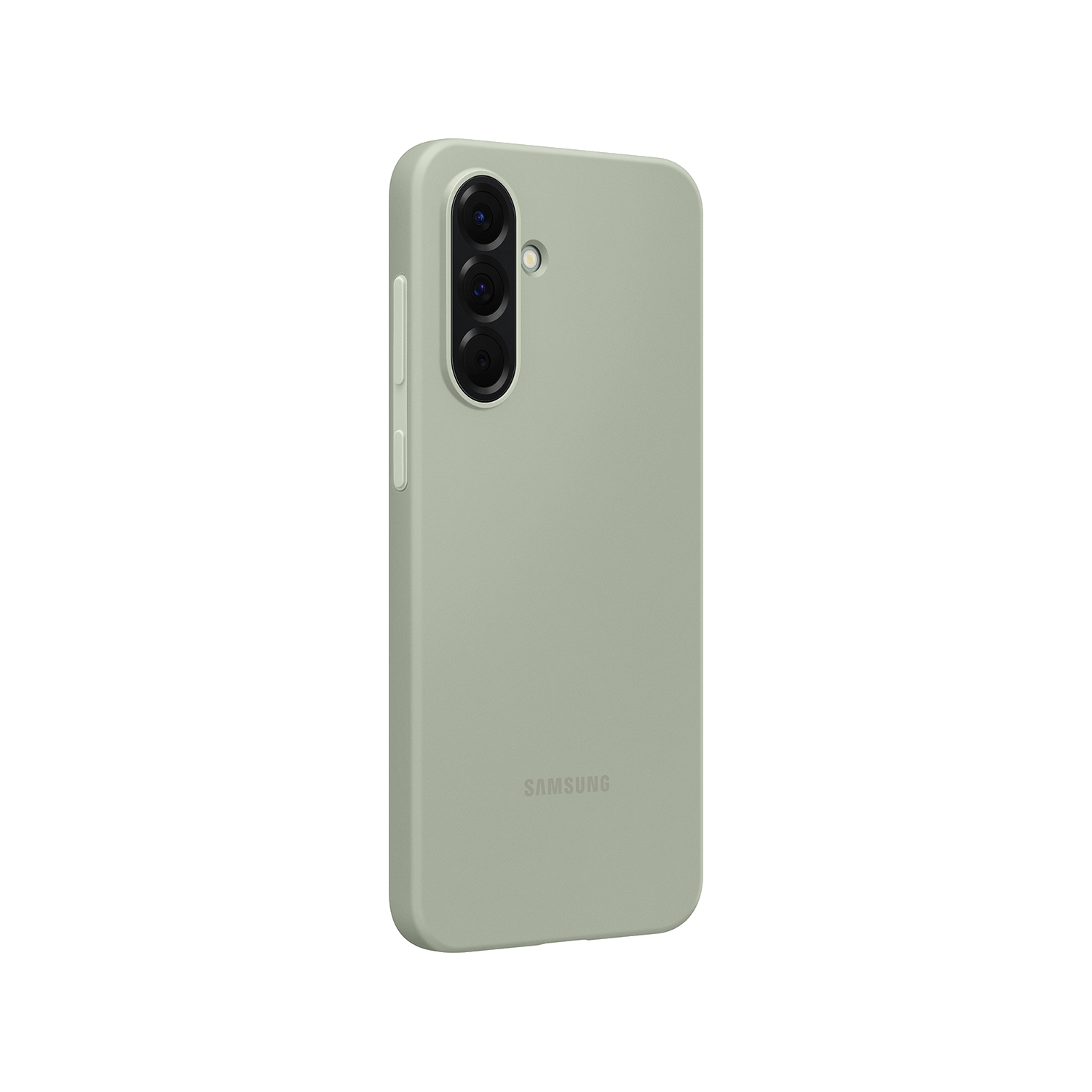 El teléfono tiene una funda verde claro, lentes de cámara negras y el logotipo de Samsung.
