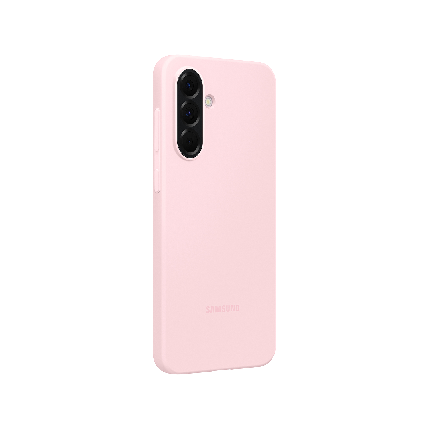 Funda rosa para teléfono con triple recorte de cámara. Logotipo de Samsung visible. Fondo negro.