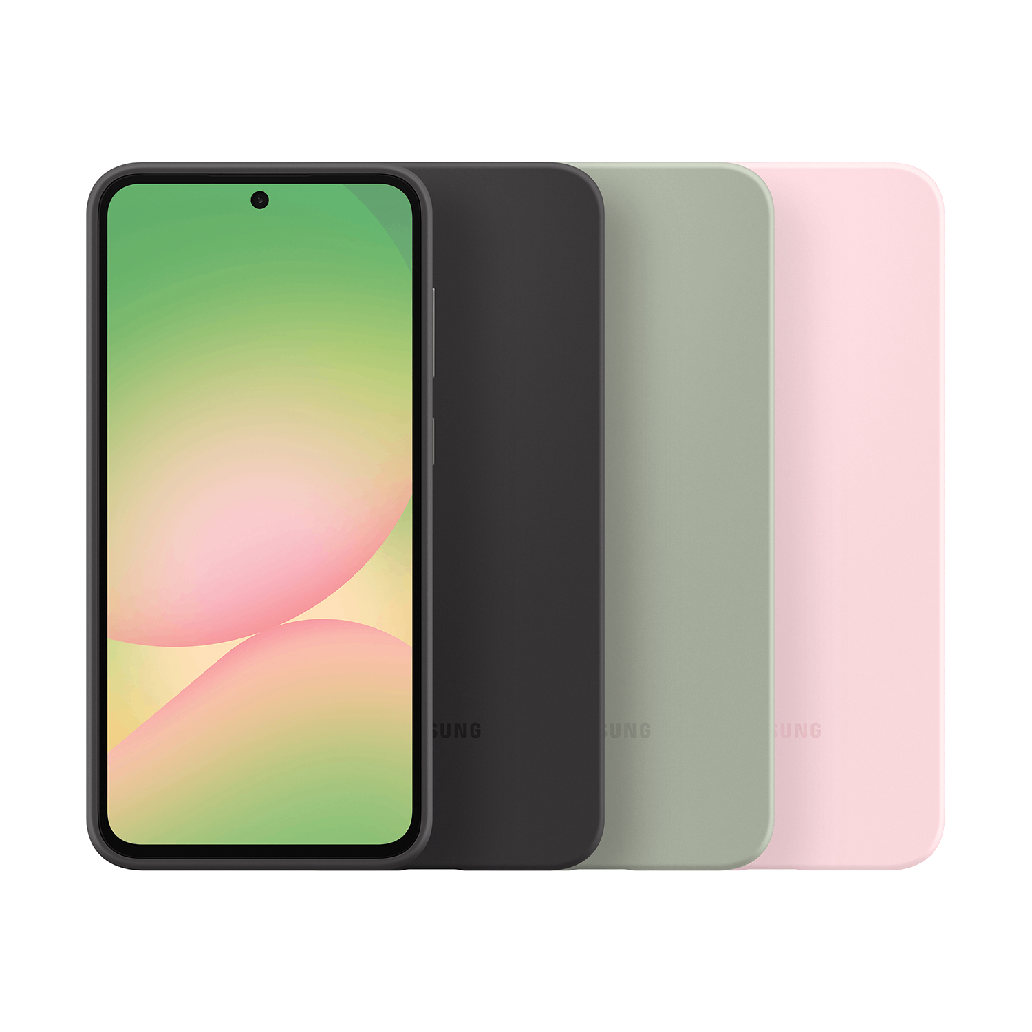 Cuatro fundas para teléfonos Samsung. Negro, gris, verde y rosa, con una pantalla de teléfono negra.