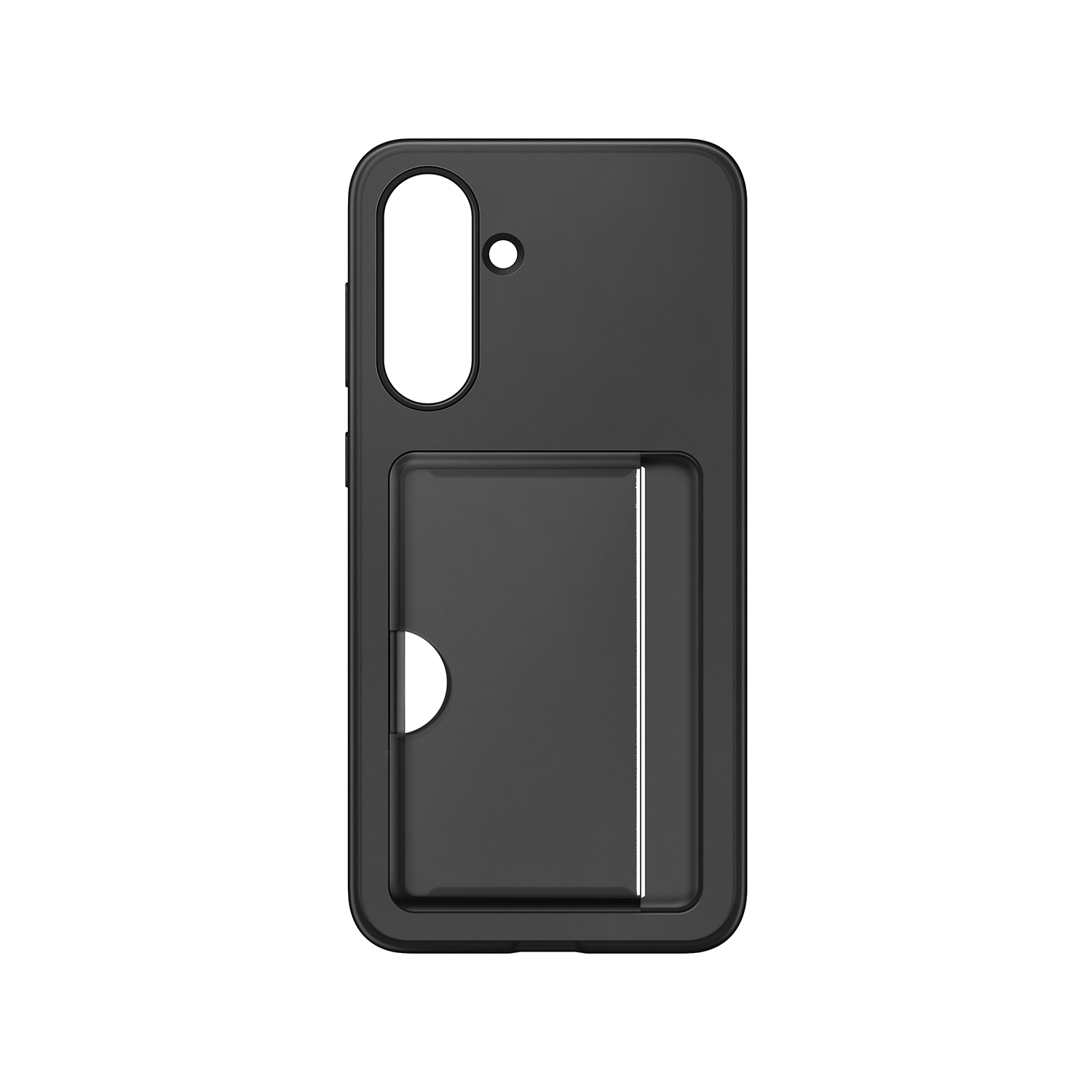 Una funda negra para teléfono con ranura para billetera se muestra sobre un fondo negro.