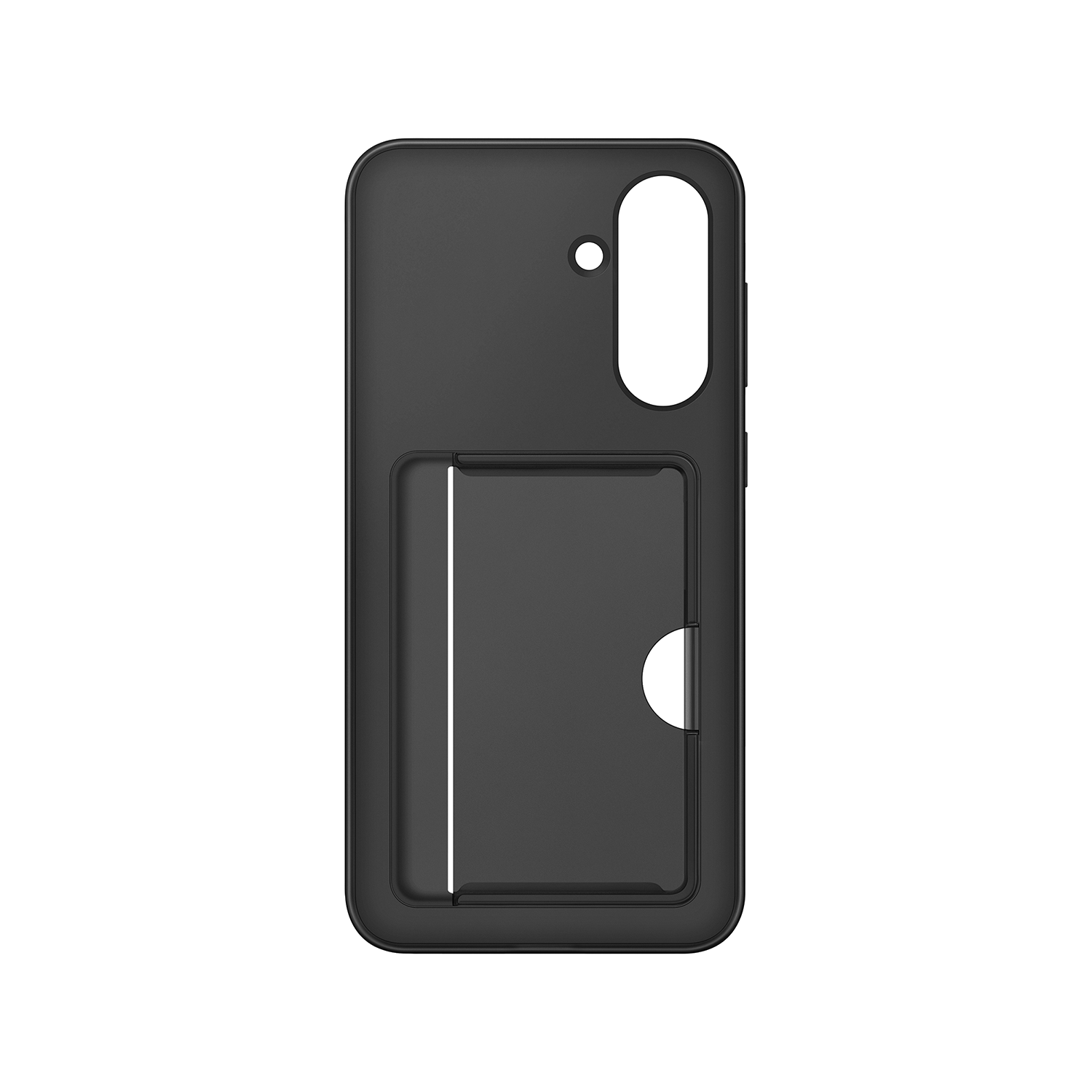 Funda negra para teléfono con recorte para tarjetero sobre fondo negro.