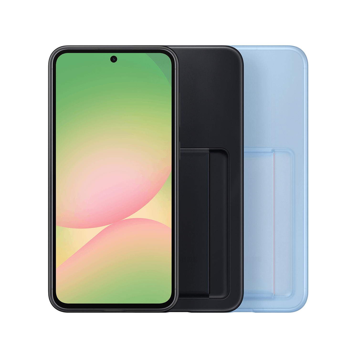 Un teléfono en una funda, con una pantalla colorida y un soporte negro.
