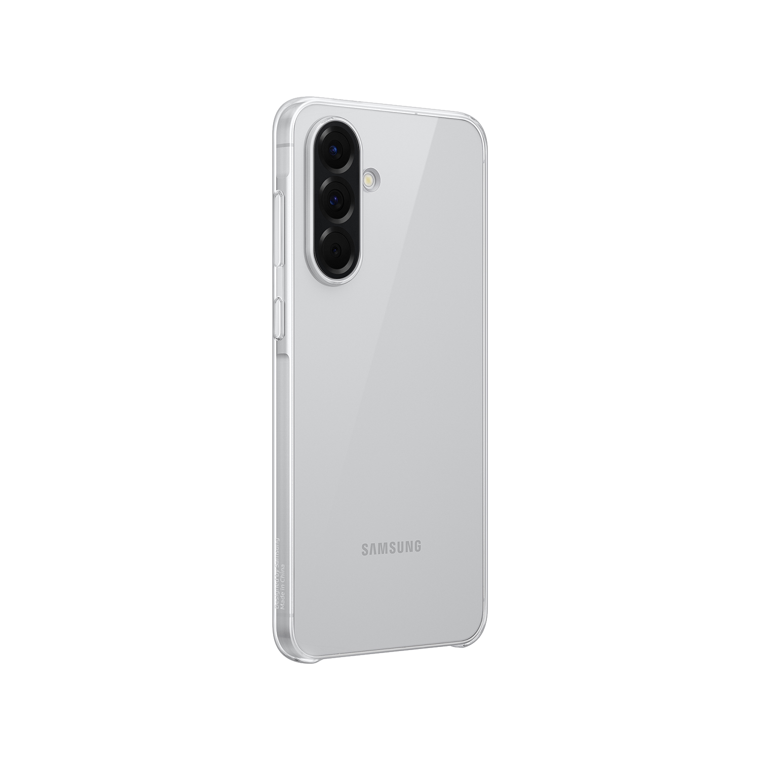 Funda transparente en un teléfono blanco con lentes de cámara.