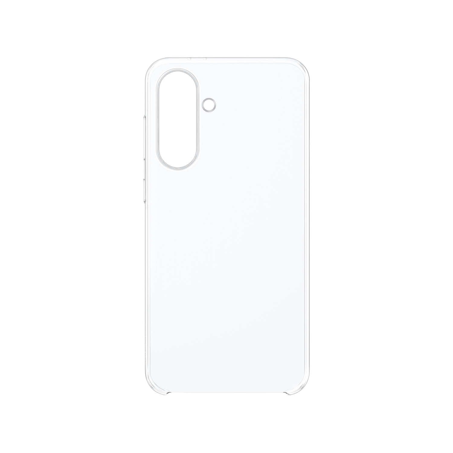 Una funda de teléfono blanca con recorte para cámara se muestra sobre fondo negro.