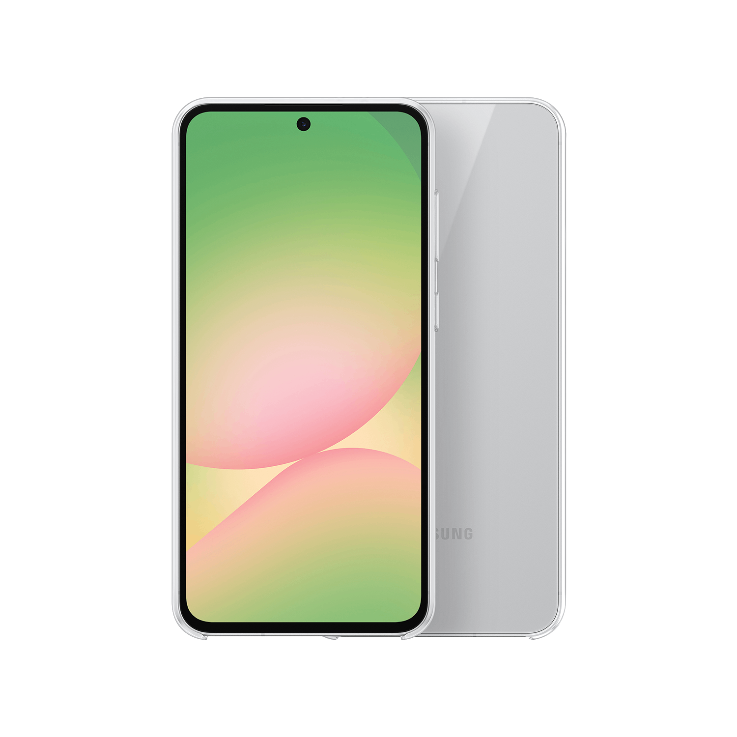 Un smartphone blanco y plateado con una pantalla que muestra colores rosa y verde, lado trasero visible.