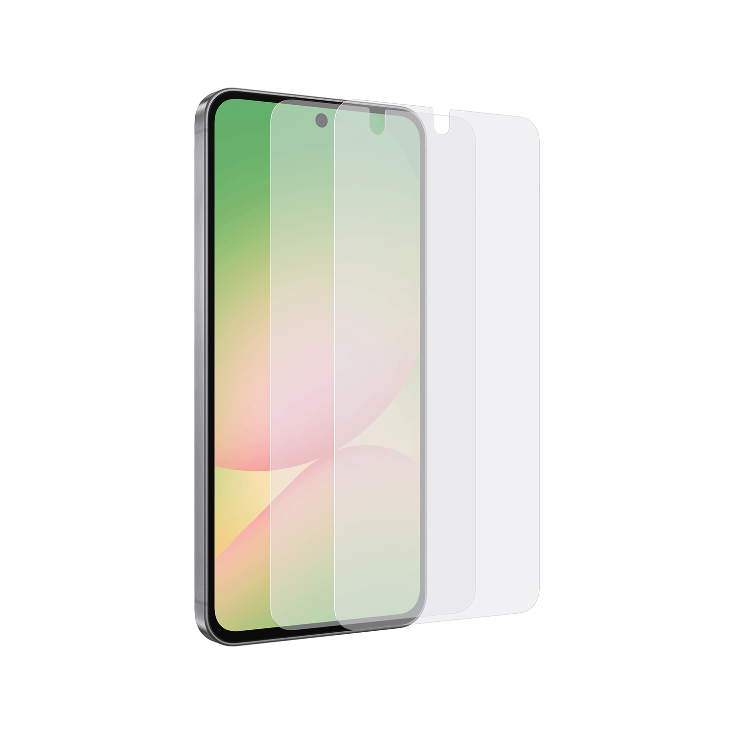 Un teléfono con un protector de pantalla, junto al protector. La pantalla del teléfono tiene un degradado.