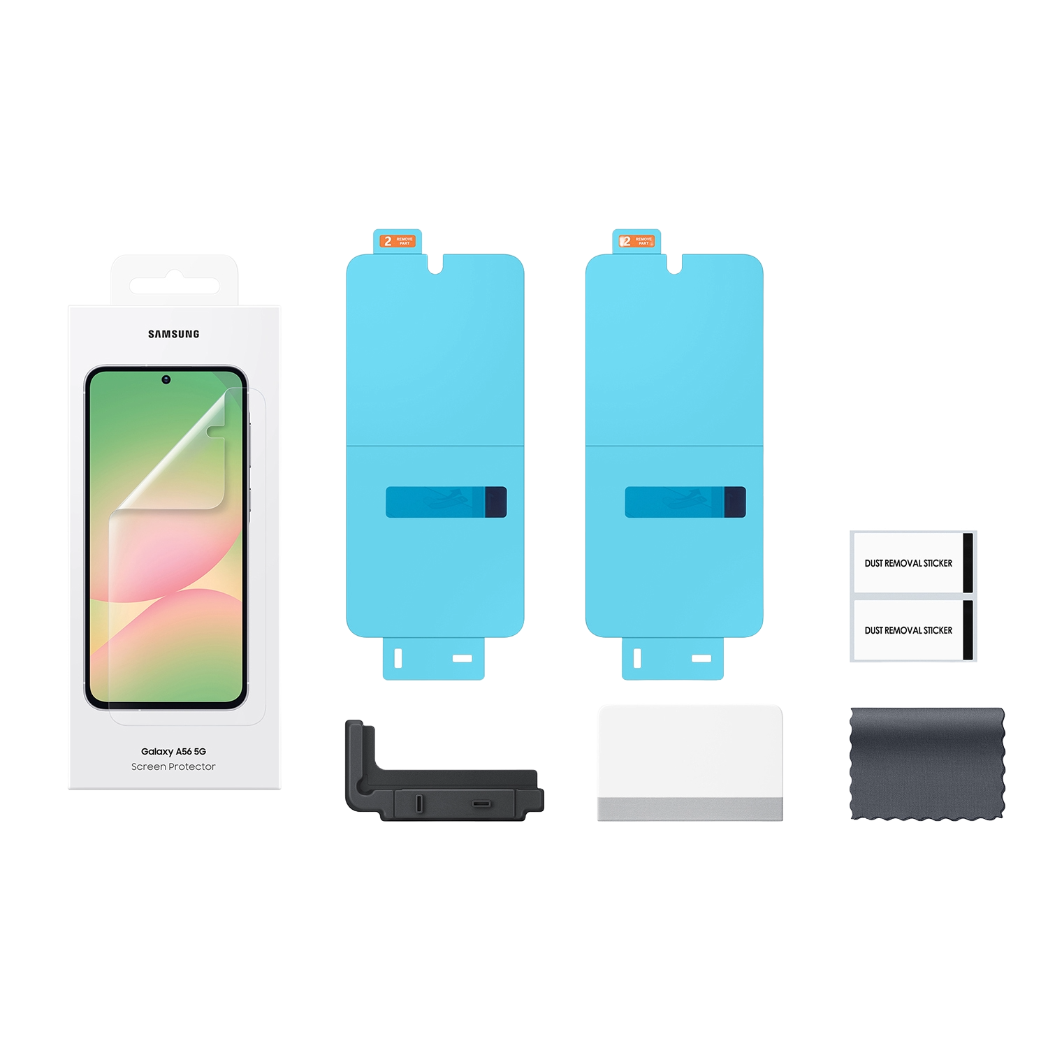 Embalaje con un protector de pantalla para teléfono Samsung, aplicador y suministros de limpieza. Fondo azul.