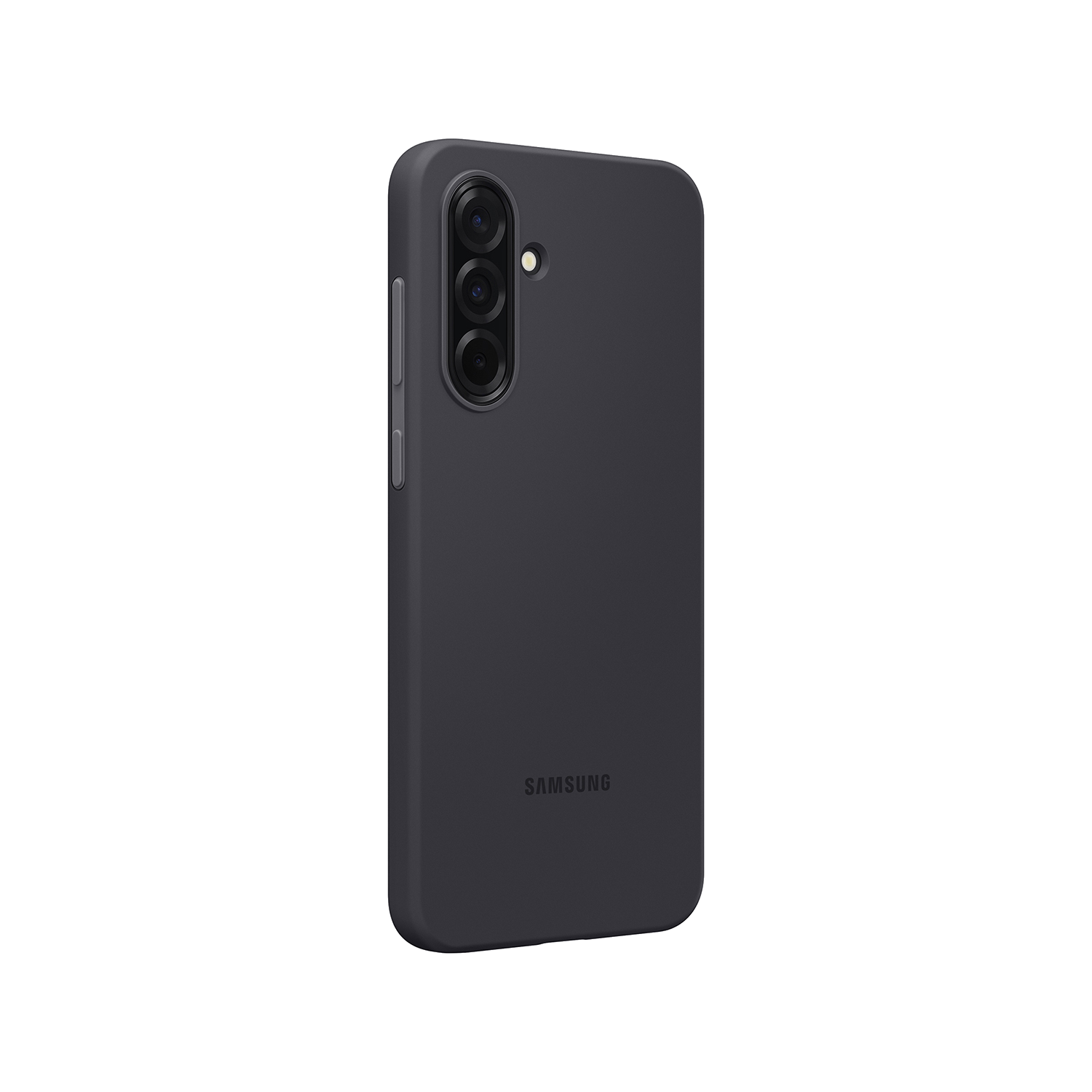 Teléfono gris oscuro con tres cámaras. Fondo negro. Logotipo de Samsung.