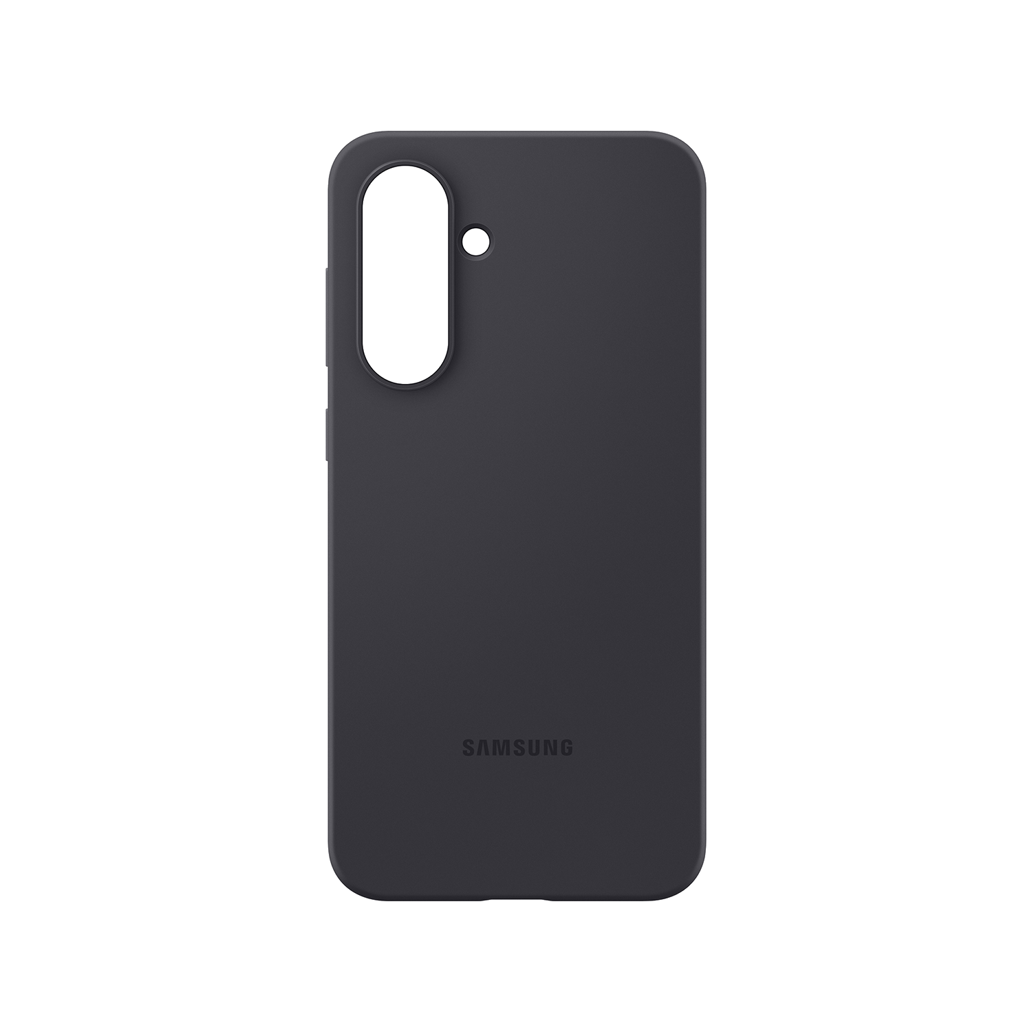 Parte trasera de teléfono gris oscuro. Logotipo de Samsung abajo, orificio de cámara único.