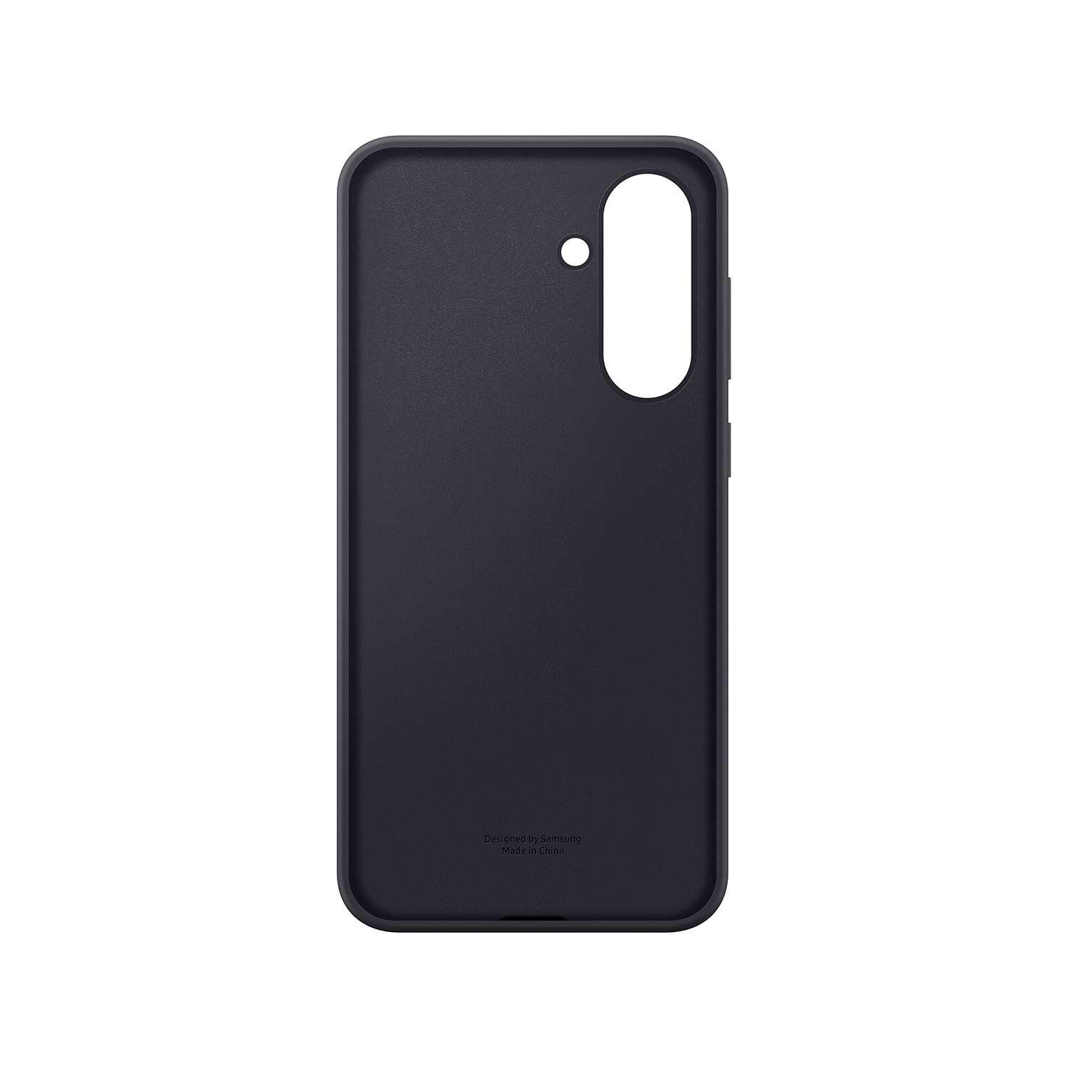 Funda de teléfono negra con recorte para cámara. Fondo negro.