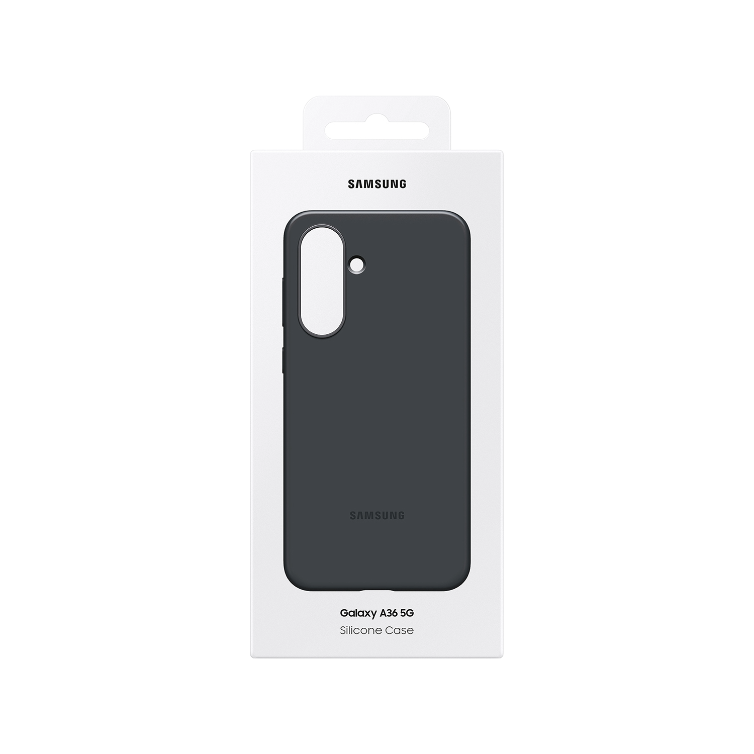 Una funda de teléfono gris oscuro en una caja blanca con el logotipo de Samsung y Galaxy A36 5G.