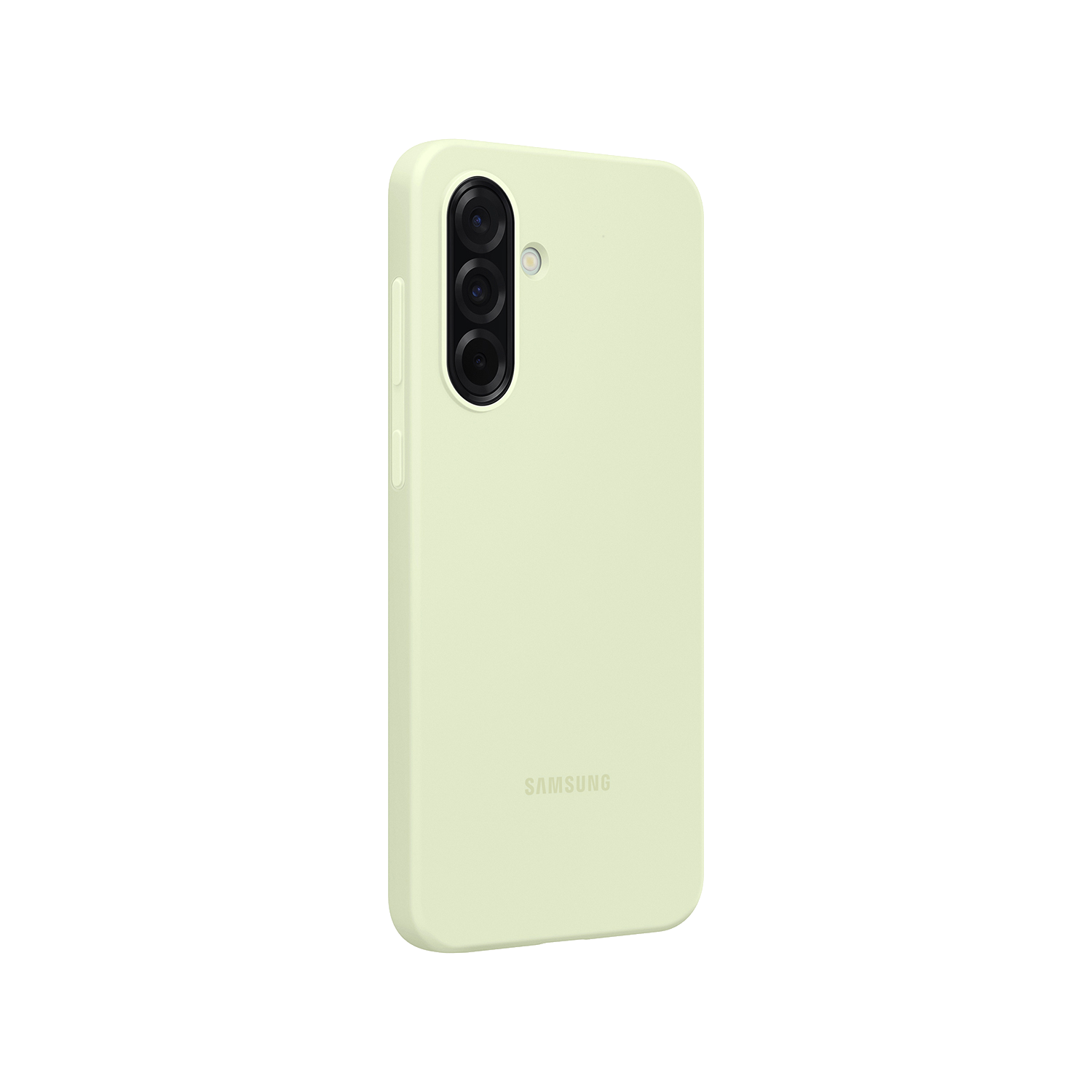 Parte trasera de smartphone verde claro con triple cámara y logo Samsung.