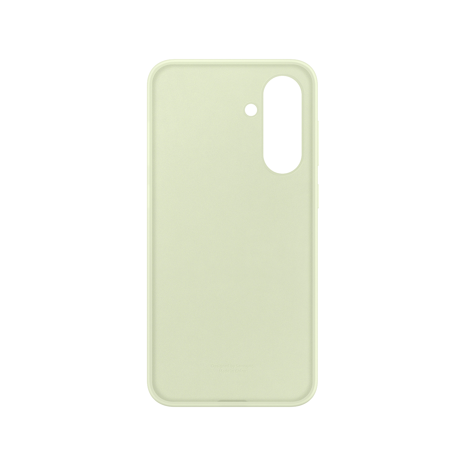 Una funda de teléfono verde pálido con un recorte para la cámara, vista desde atrás, sobre un fondo negro.