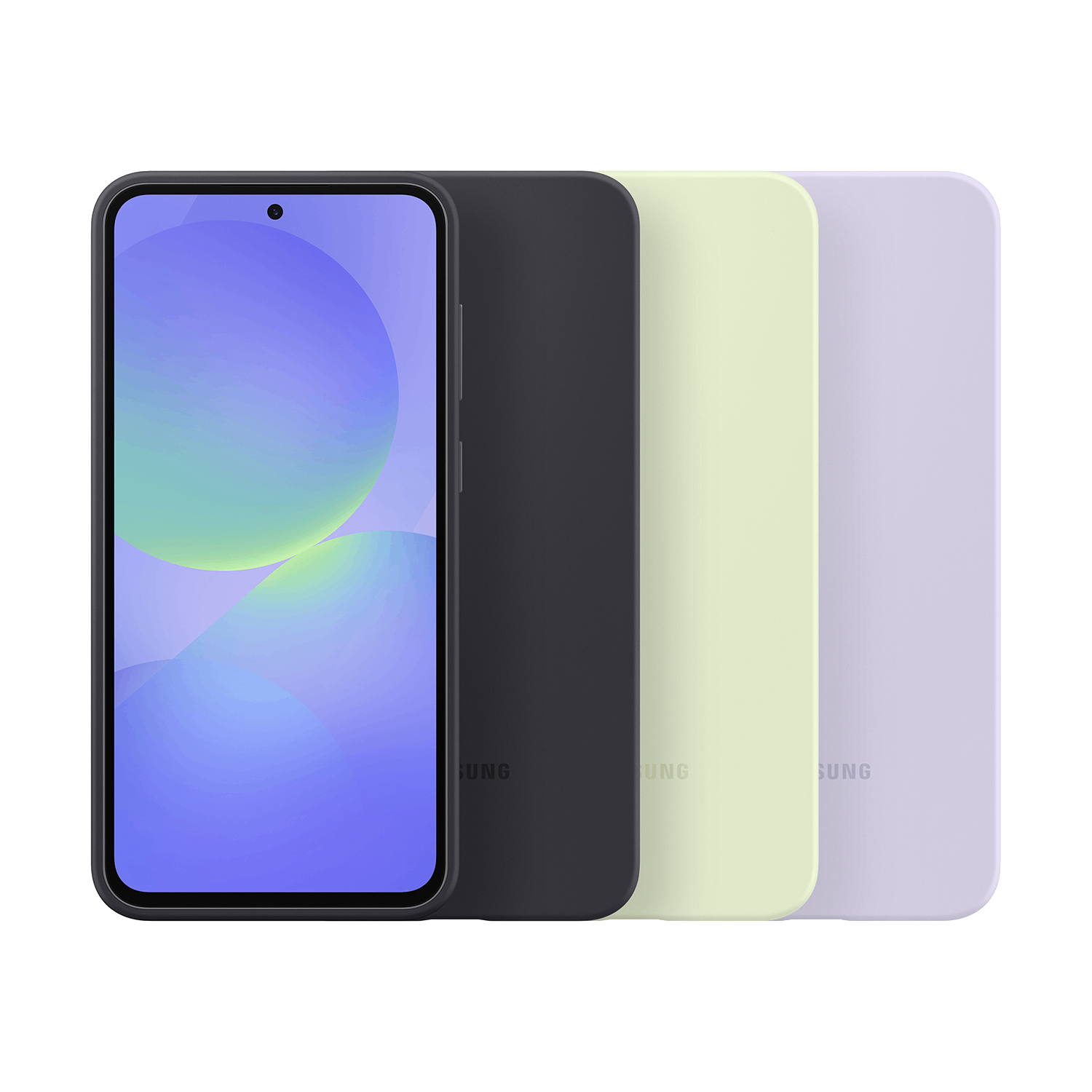 Tres fundas de teléfono en negro, verde claro y morado, junto a un teléfono, sobre fondo negro.