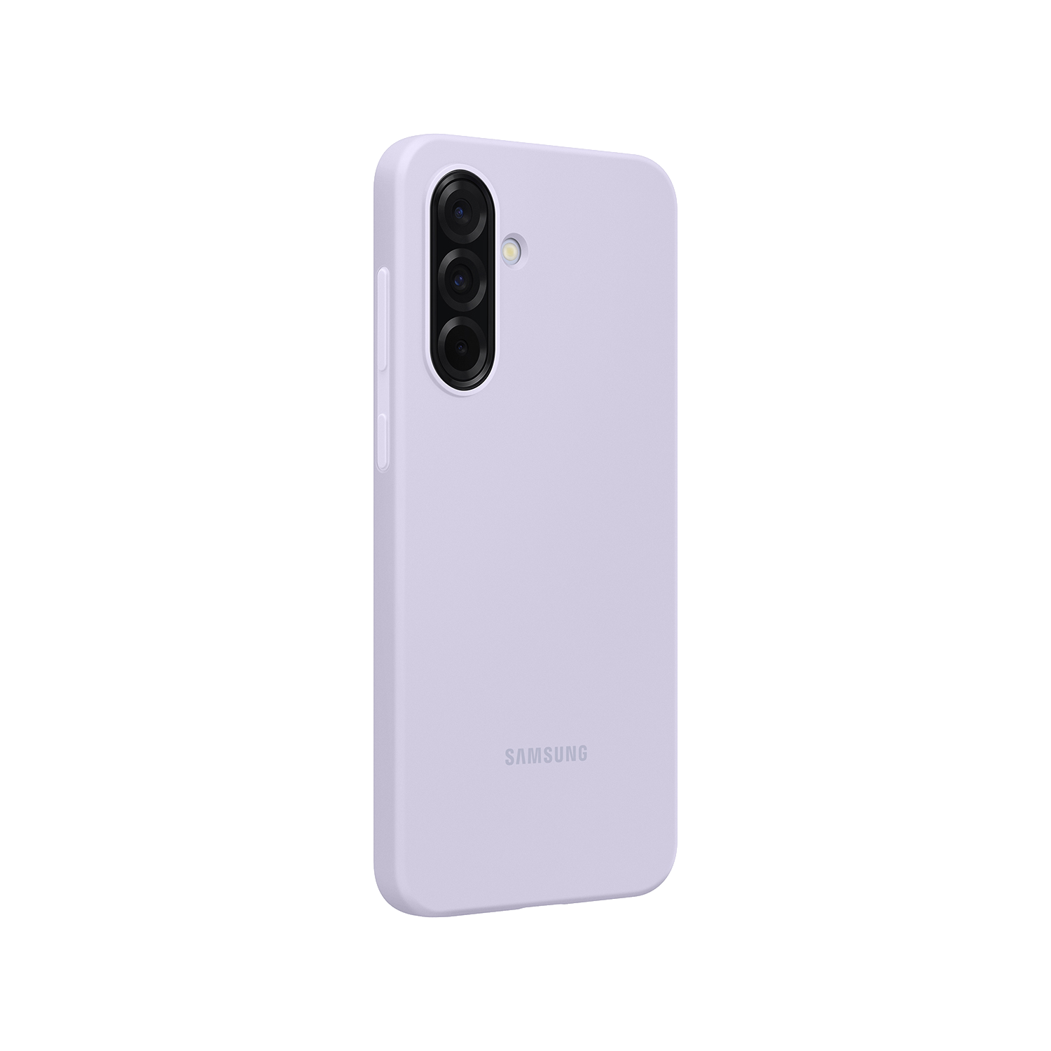 Funda de teléfono morada. La parte trasera tiene lentes de cámara, con el logo de Samsung abajo.