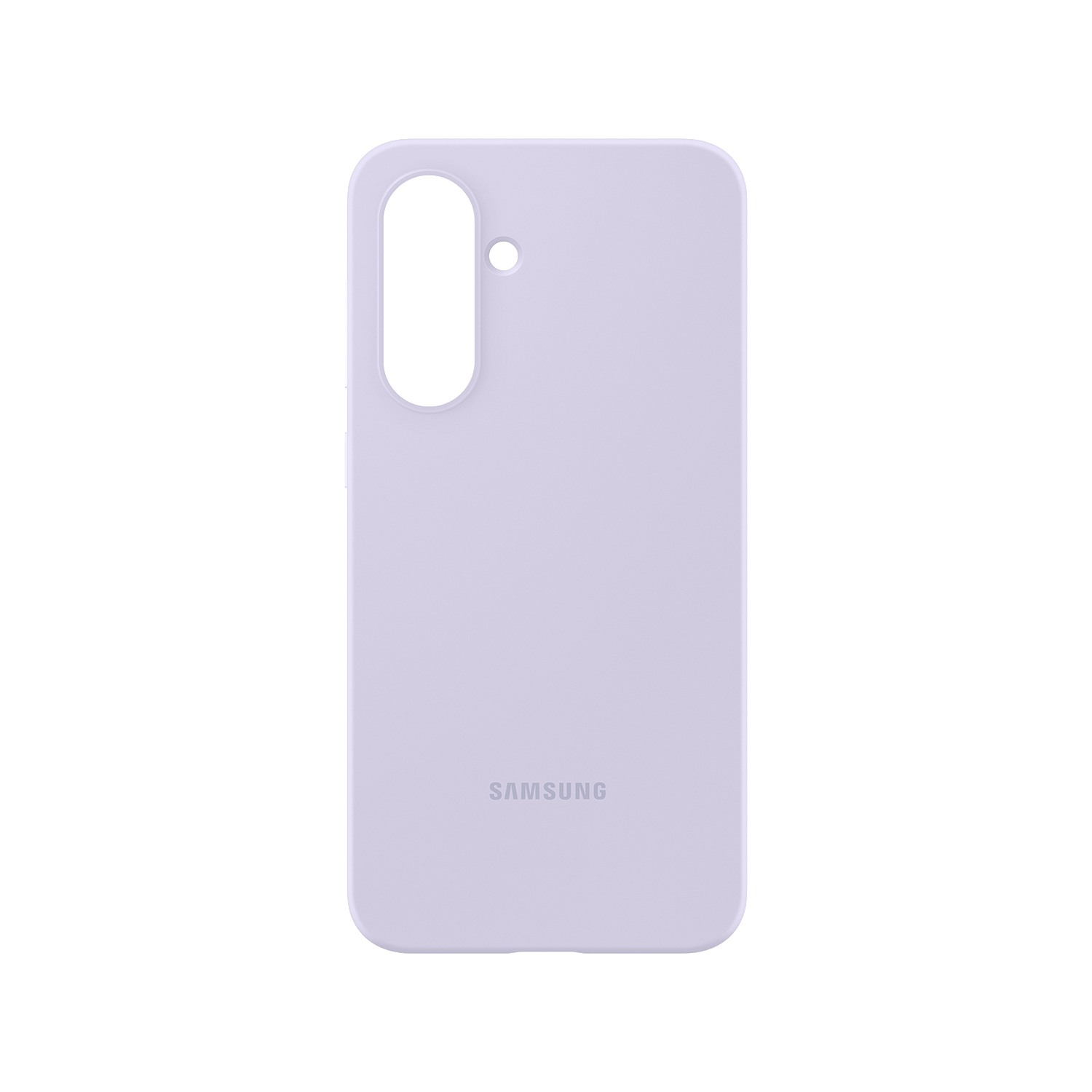 Una funda de teléfono color lavanda con un recorte para la cámara. El logotipo de Samsung es visible.