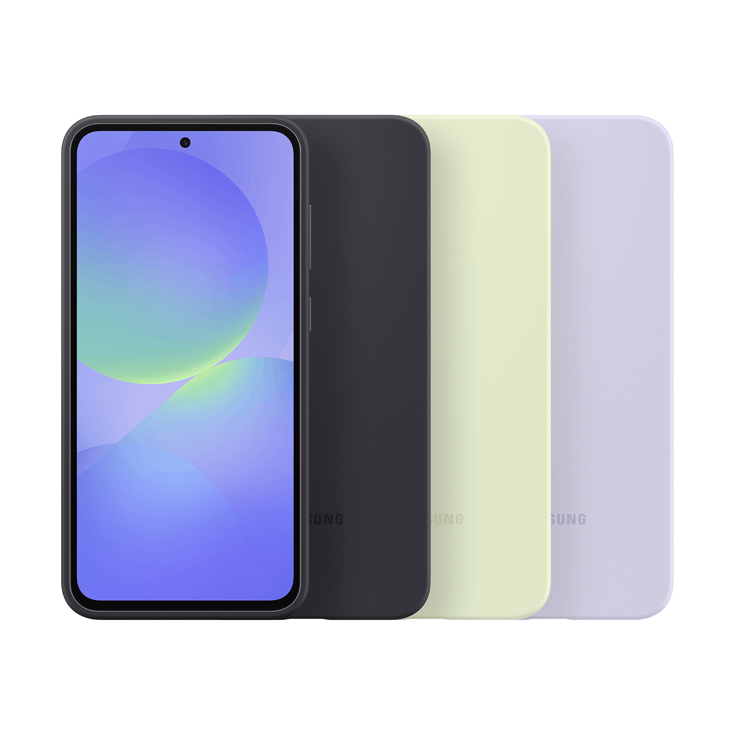 Smartphone con pantalla azul degradada y tres fundas: negro, verde y morado.