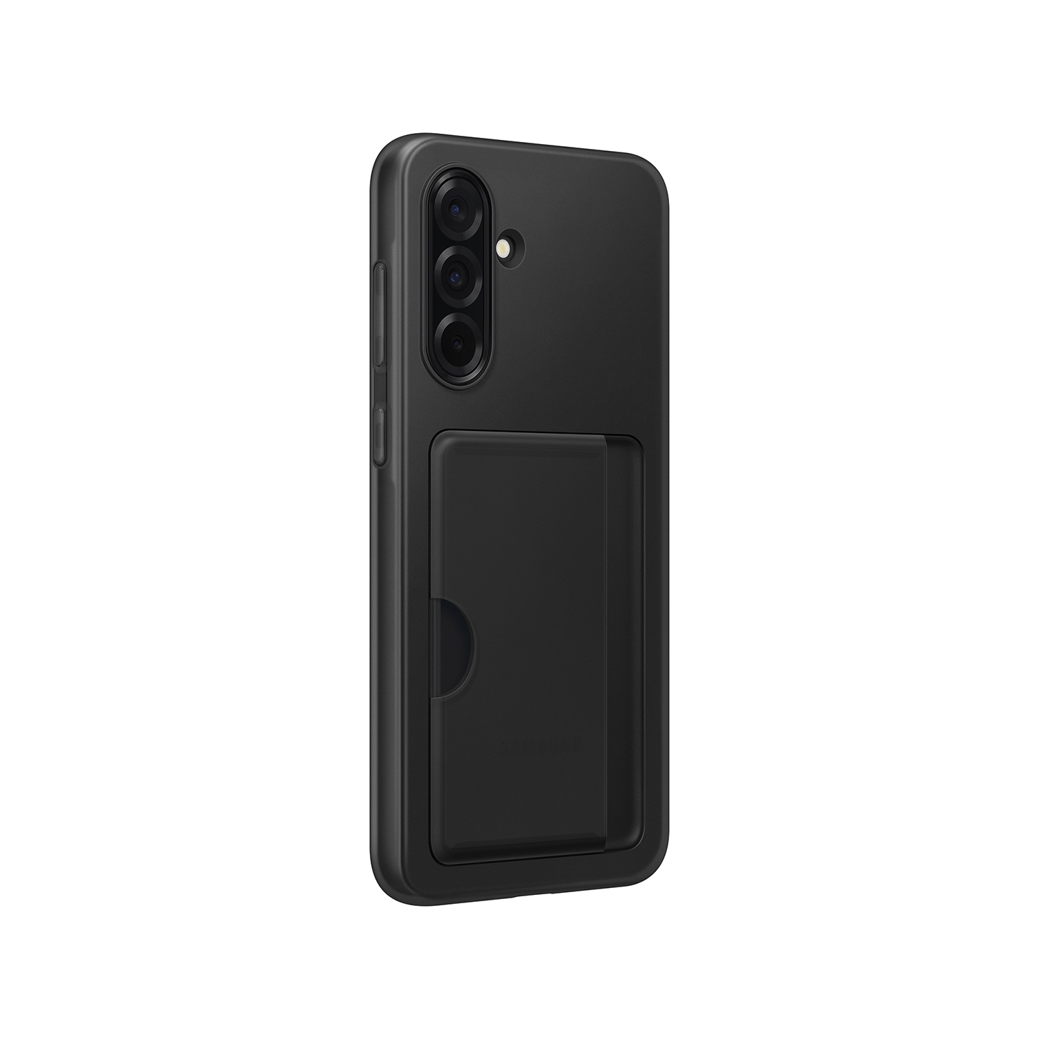 Funda de teléfono negra con tarjetero. La funda está sobre un fondo negro.