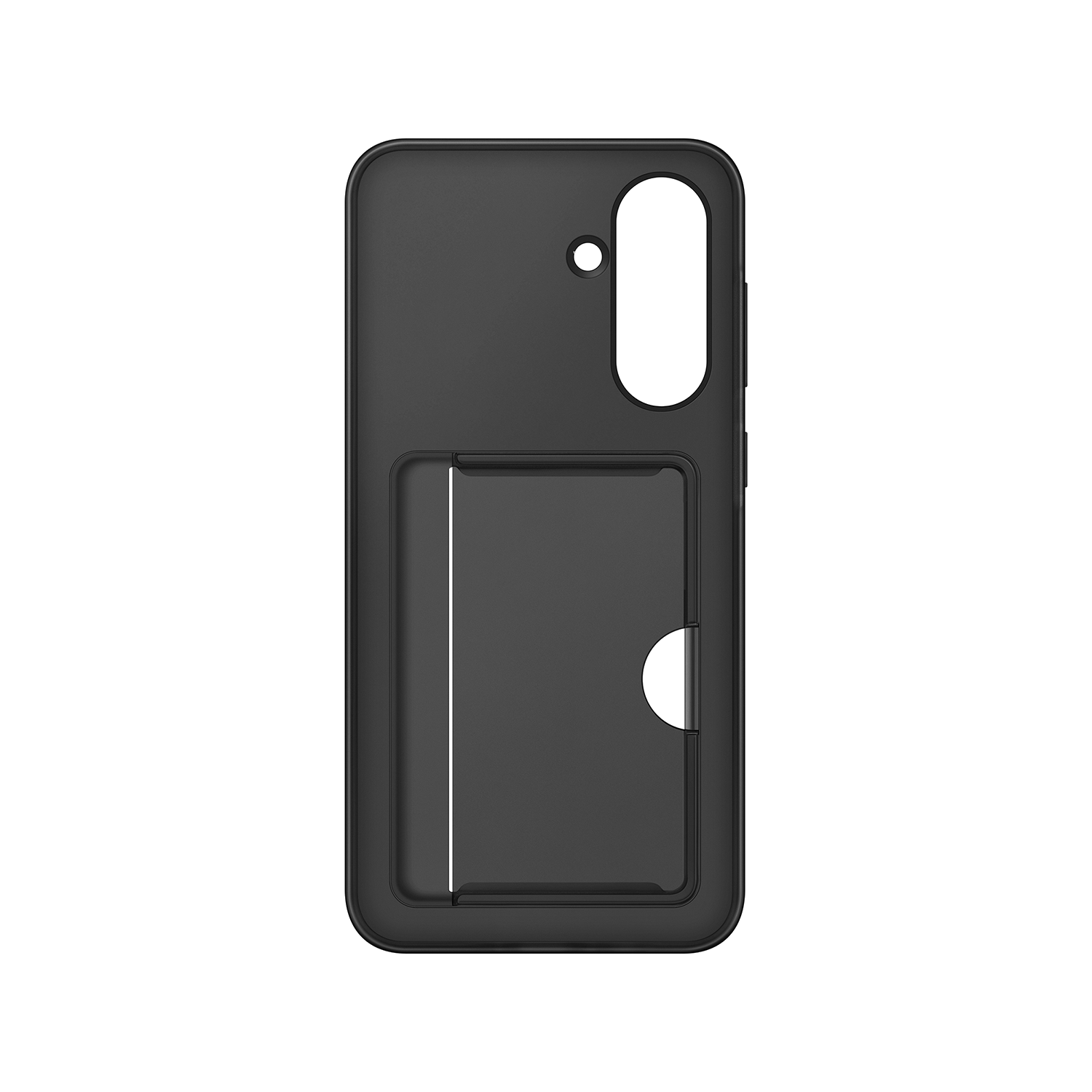 Una funda de teléfono negra con ranura para tarjetas. Está sobre un fondo negro.