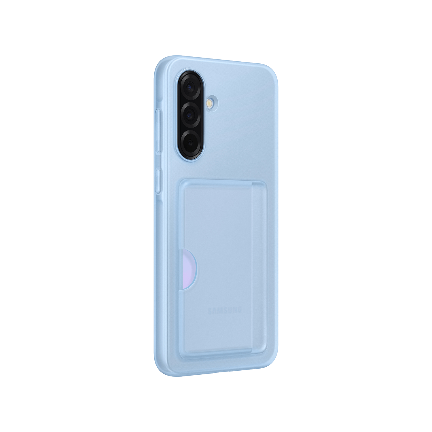 Una funda de teléfono azul claro con un tarjetero en la parte trasera, logotipo de Samsung visible.